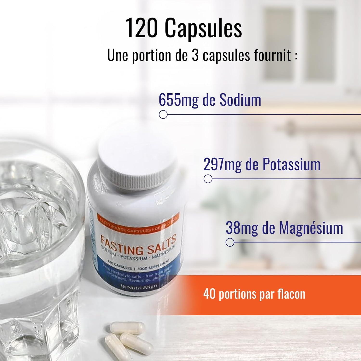 image:imageNutriAlign Sels de Jene Electrolytes 120 Glules lectrolytes de Sodium de Potassium et de Magnsium Glules Dlectrolytes purs pour Jene Prolong et Intermittent Sans Sucre