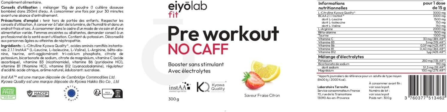 image:imagePre Workout sans Cafine ni Cratine Citrulline Kyowa et BCAA instantans lectrolytes pour Hydratation Optimale LArginine Bta Alanine ampamp Taurine 300g de Poudre Fruits Rouges EiyolabFraise Citron