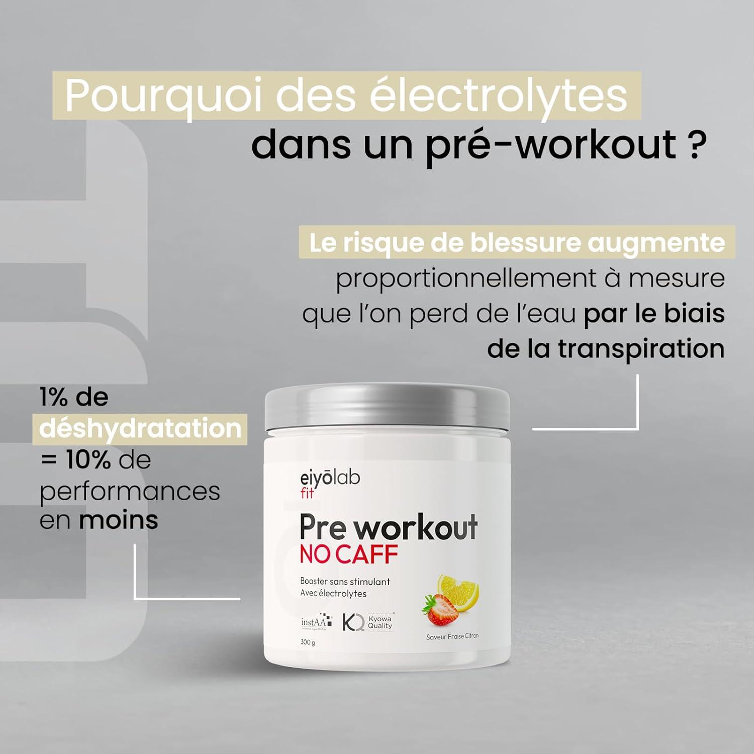 image:imagePre Workout sans Cafine ni Cratine Citrulline Kyowa et BCAA instantans lectrolytes pour Hydratation Optimale LArginine Bta Alanine ampamp Taurine 300g de Poudre Fruits Rouges EiyolabFraise Citron