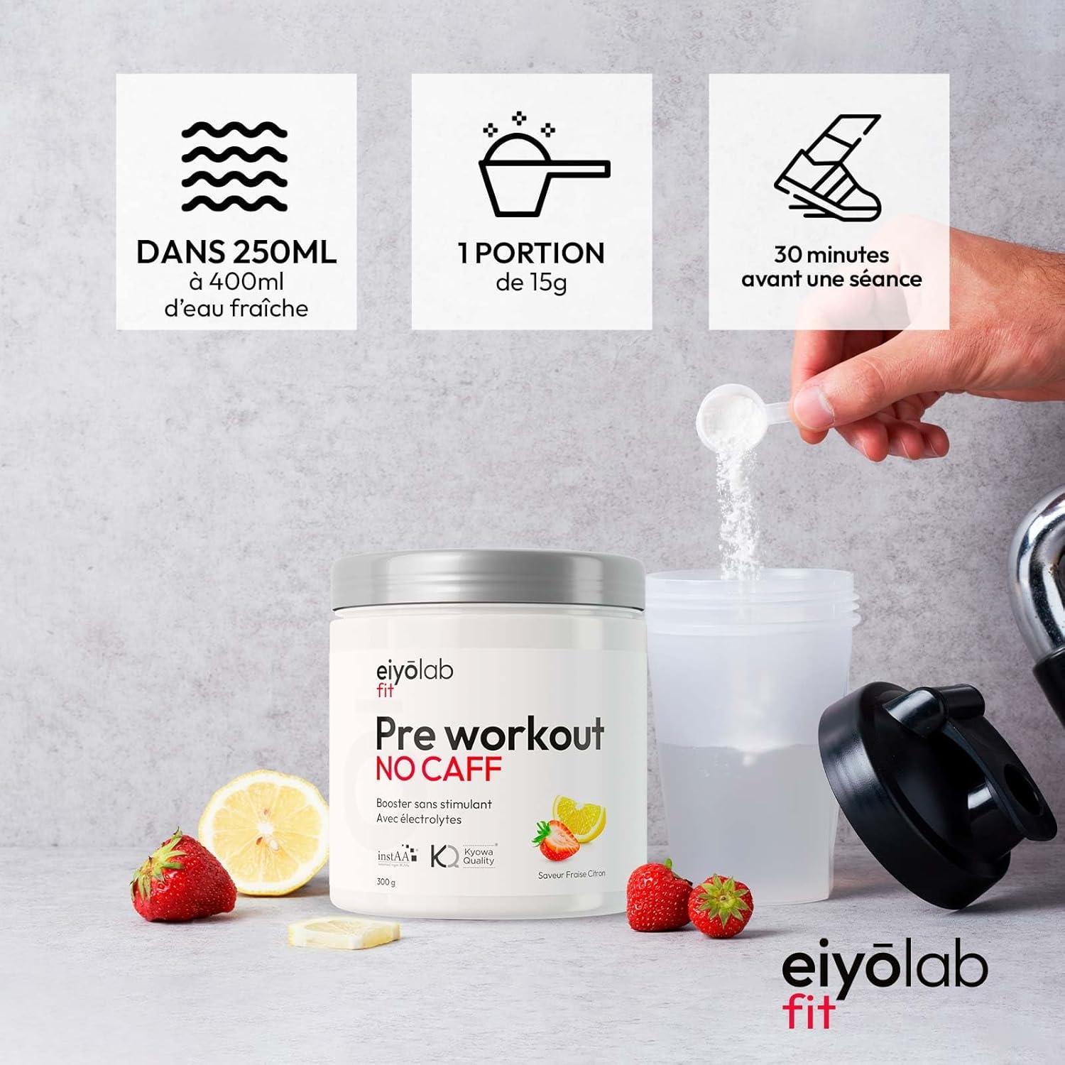 image:imagePre Workout sans Cafine ni Cratine Citrulline Kyowa et BCAA instantans lectrolytes pour Hydratation Optimale LArginine Bta Alanine ampamp Taurine 300g de Poudre Fruits Rouges EiyolabFraise Citron