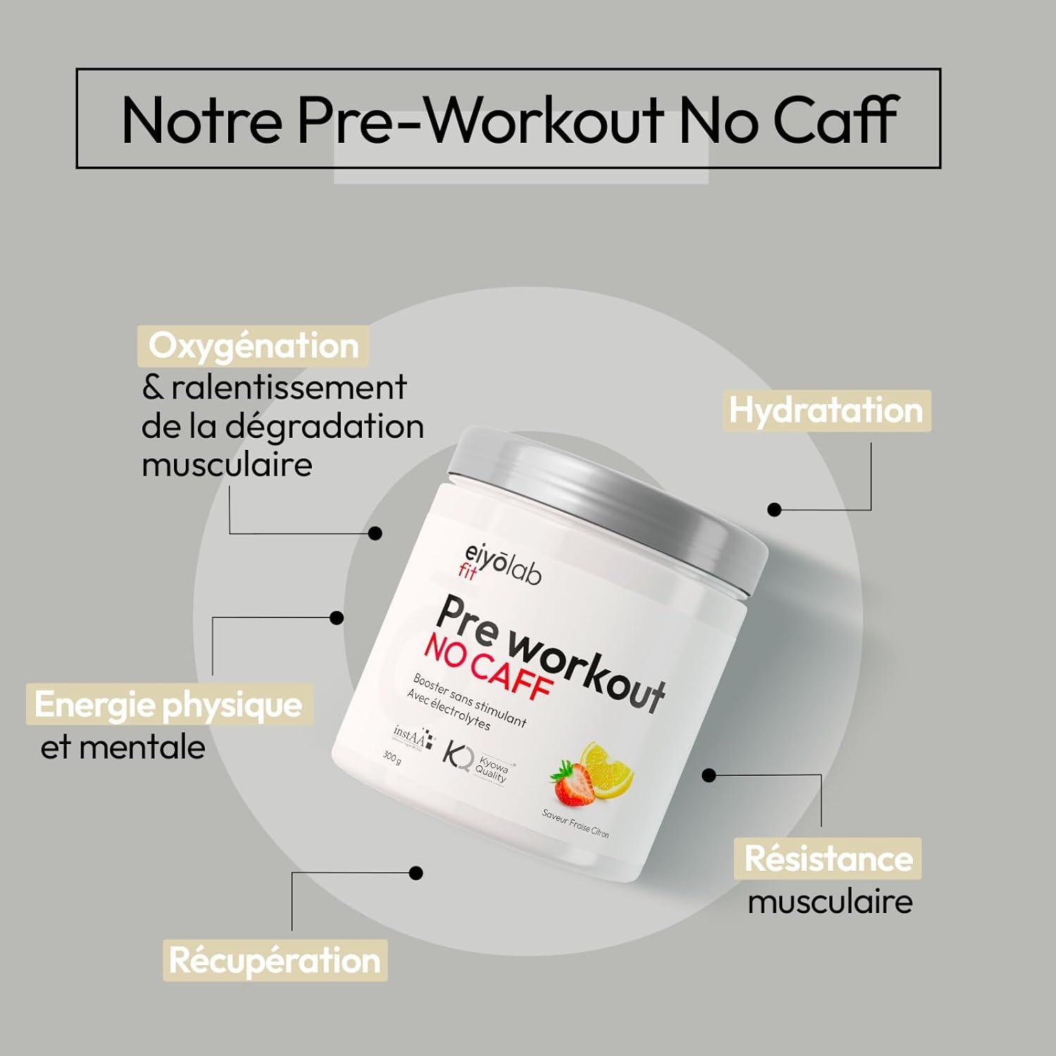 image:imagePre Workout sans Cafine ni Cratine Citrulline Kyowa et BCAA instantans lectrolytes pour Hydratation Optimale LArginine Bta Alanine ampamp Taurine 300g de Poudre Fruits Rouges EiyolabFraise Citron