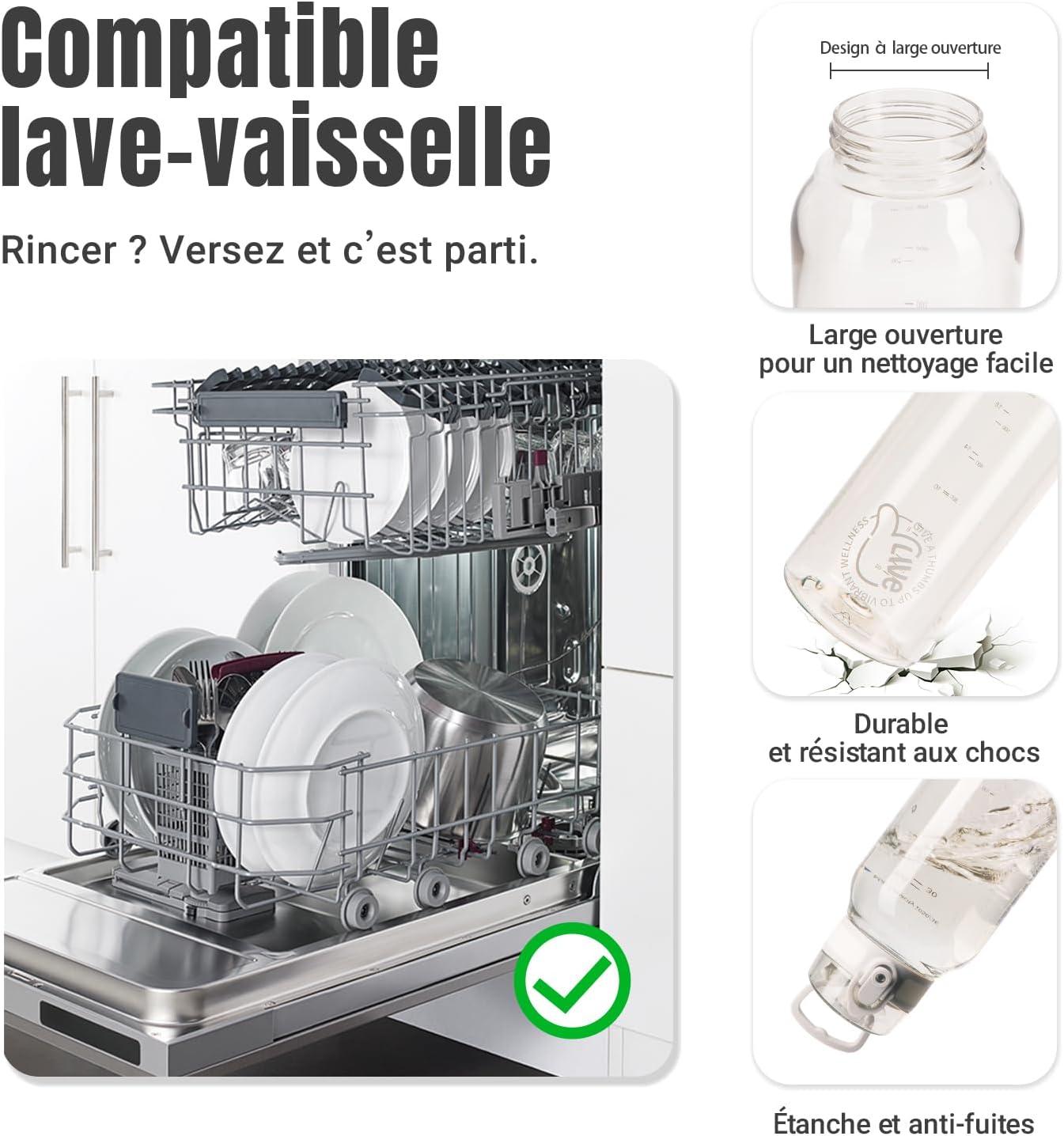 image:imageUZSPACE Gourde Sport 1L Gourde Adulte Transparente sans BPA avec Poigne tanche Bouteille deau Idal pour Fitness et Voyage Bleu ArdoiseBlanc Givr