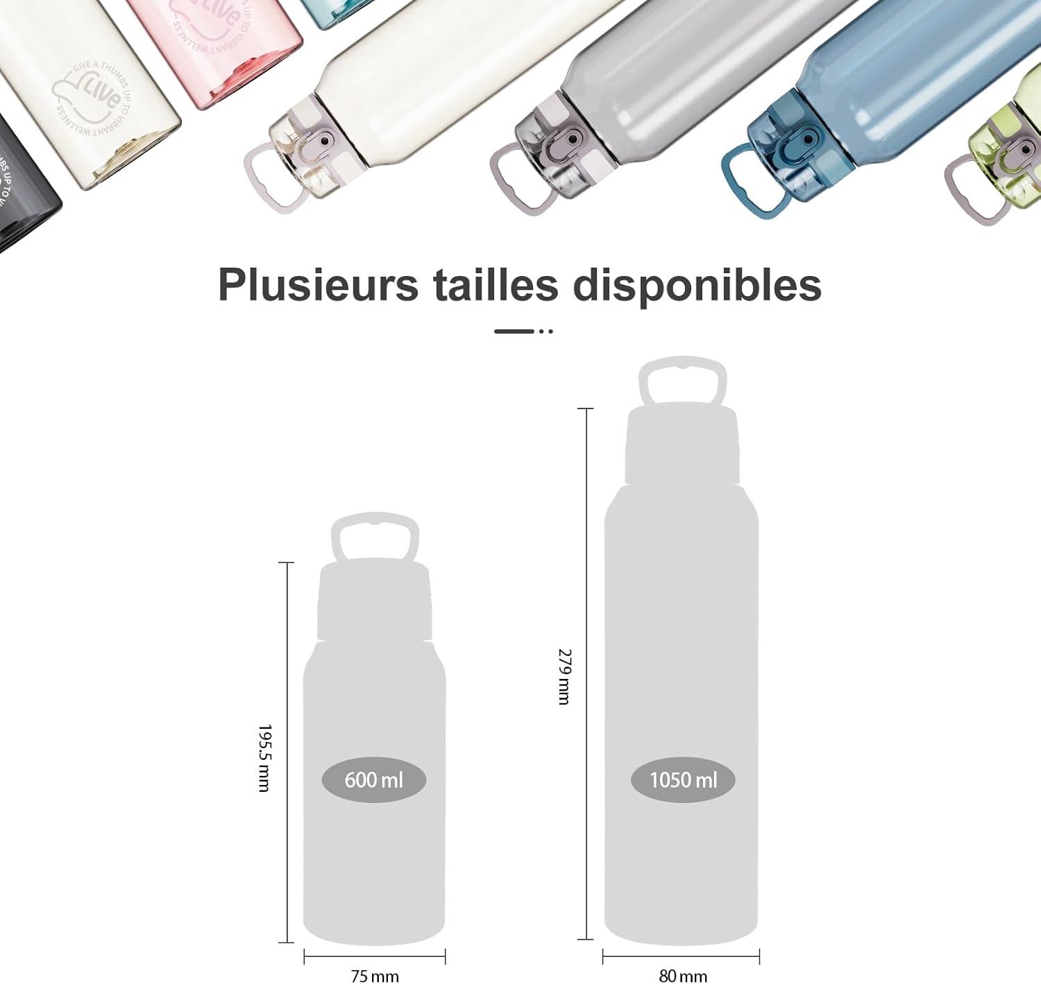 image:imageUZSPACE Gourde Sport 1L Gourde Adulte Transparente sans BPA avec Poigne tanche Bouteille deau Idal pour Fitness et Voyage Bleu ArdoiseBlanc Givr