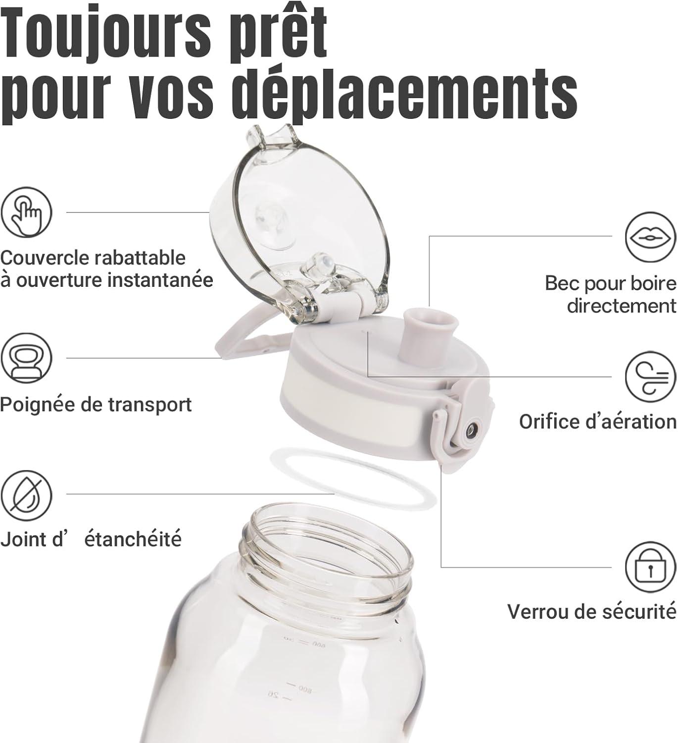 image:imageUZSPACE Gourde Sport 1L Gourde Adulte Transparente sans BPA avec Poigne tanche Bouteille deau Idal pour Fitness et Voyage Bleu ArdoiseBlanc Givr