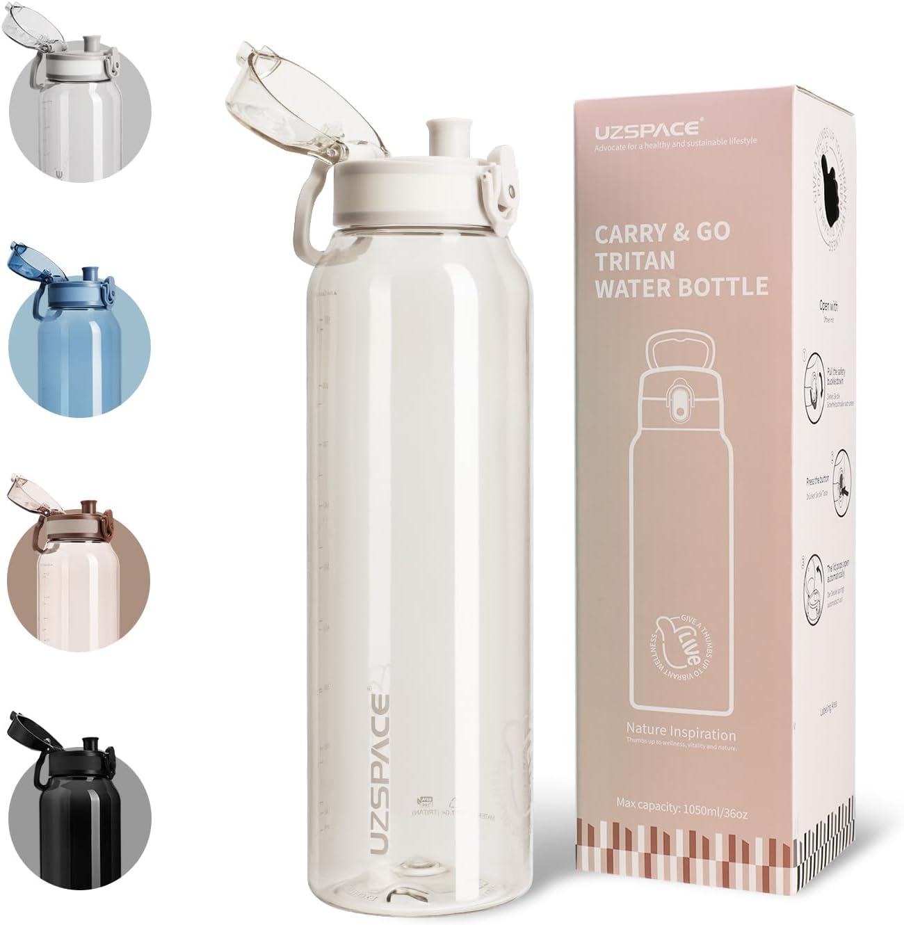 image:imageUZSPACE Gourde Sport 1L Gourde Adulte Transparente sans BPA avec Poigne tanche Bouteille deau Idal pour Fitness et Voyage Bleu ArdoiseBlanc Givr