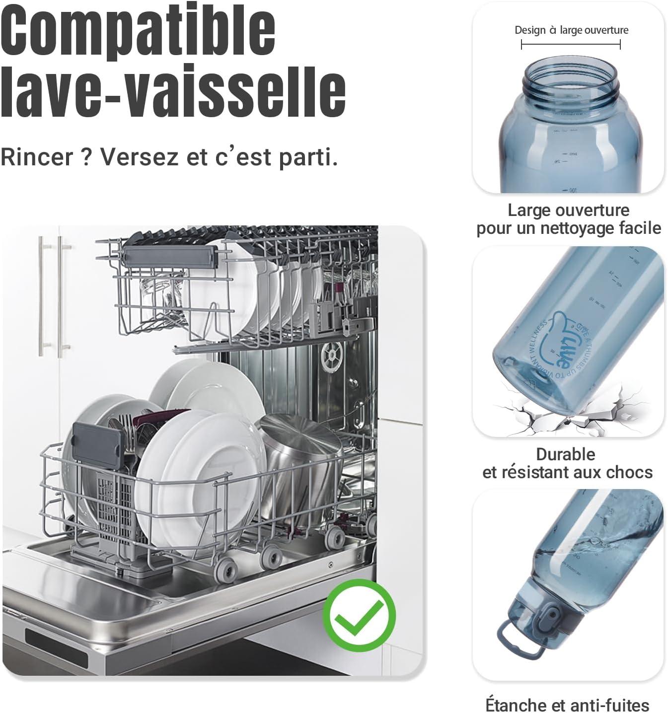 image:imageUZSPACE Gourde Sport 1L Gourde Adulte Transparente sans BPA avec Poigne tanche Bouteille deau Idal pour Fitness et Voyage Bleu ArdoiseBleu Ardoise