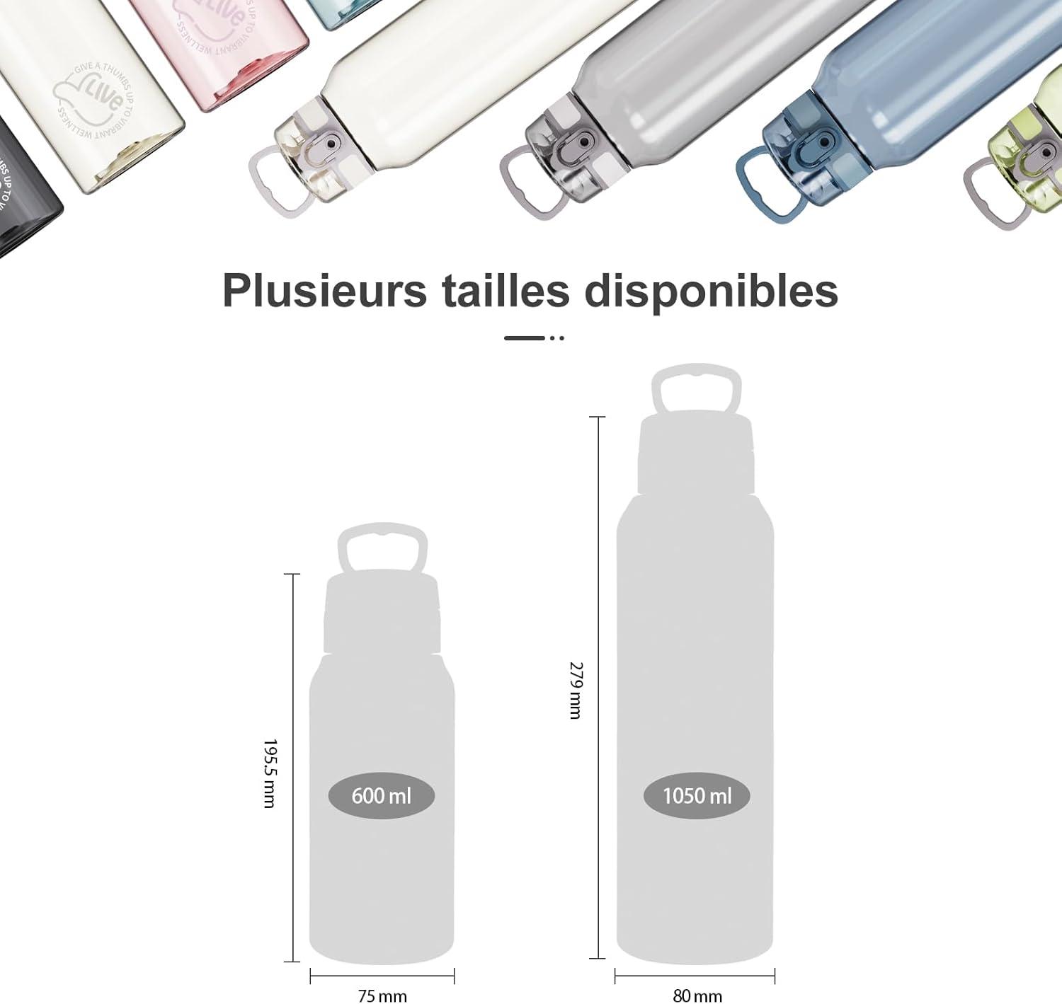 image:imageUZSPACE Gourde Sport 1L Gourde Adulte Transparente sans BPA avec Poigne tanche Bouteille deau Idal pour Fitness et Voyage Bleu ArdoiseBleu Ardoise
