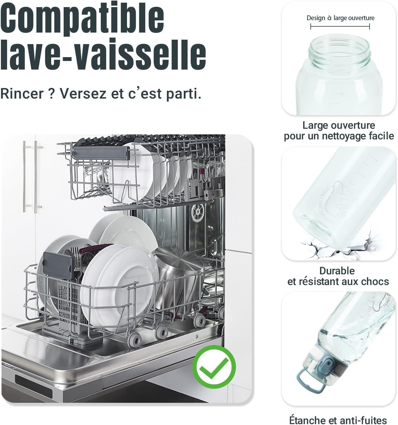 image:imageUZSPACE Gourde Sport 1L Gourde Adulte Transparente sans BPA avec Poigne tanche Bouteille deau Idal pour Fitness et Voyage Bleu ArdoiseBleu Brumeux