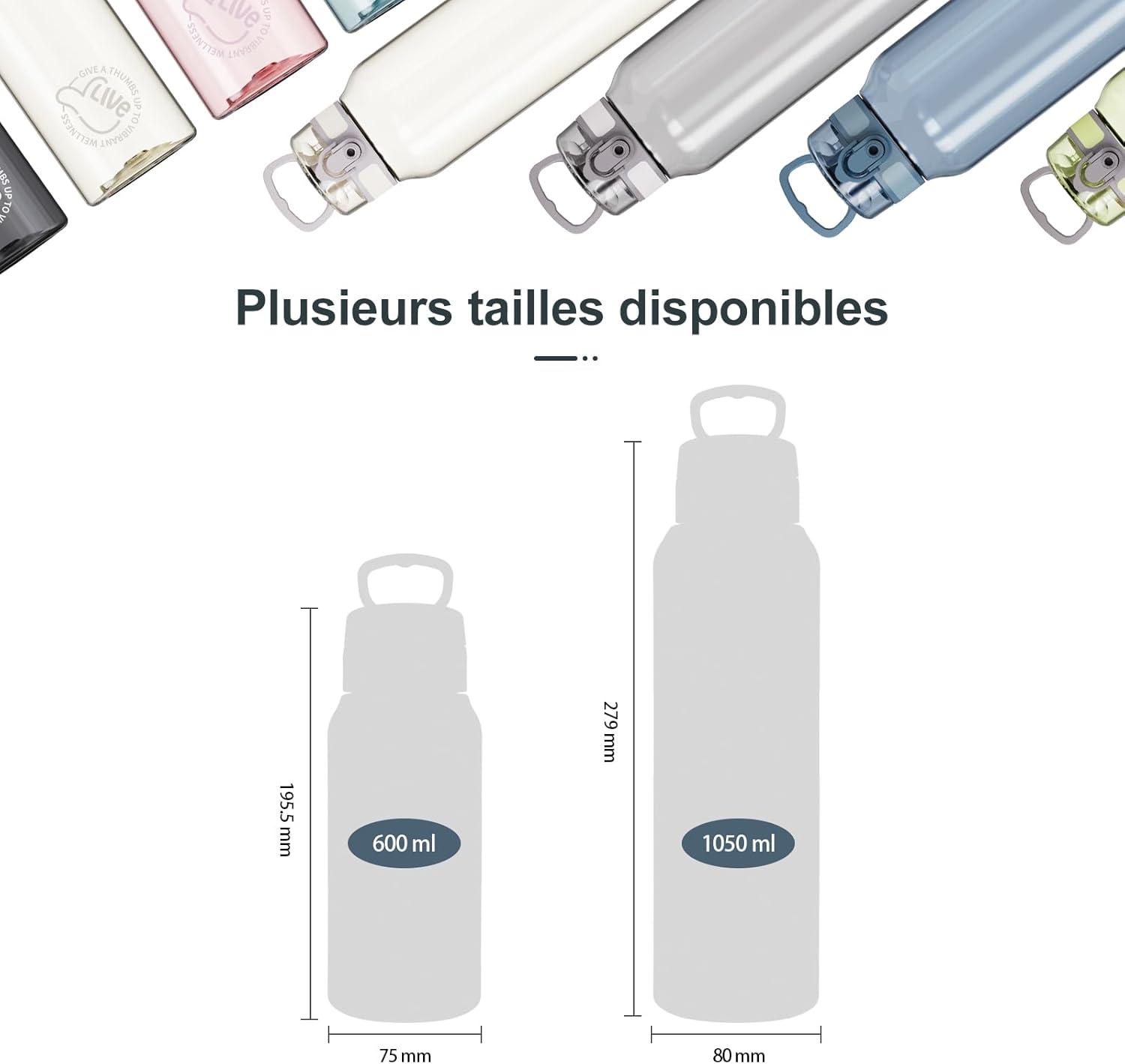 image:imageUZSPACE Gourde Sport 1L Gourde Adulte Transparente sans BPA avec Poigne tanche Bouteille deau Idal pour Fitness et Voyage Bleu ArdoiseBleu Brumeux
