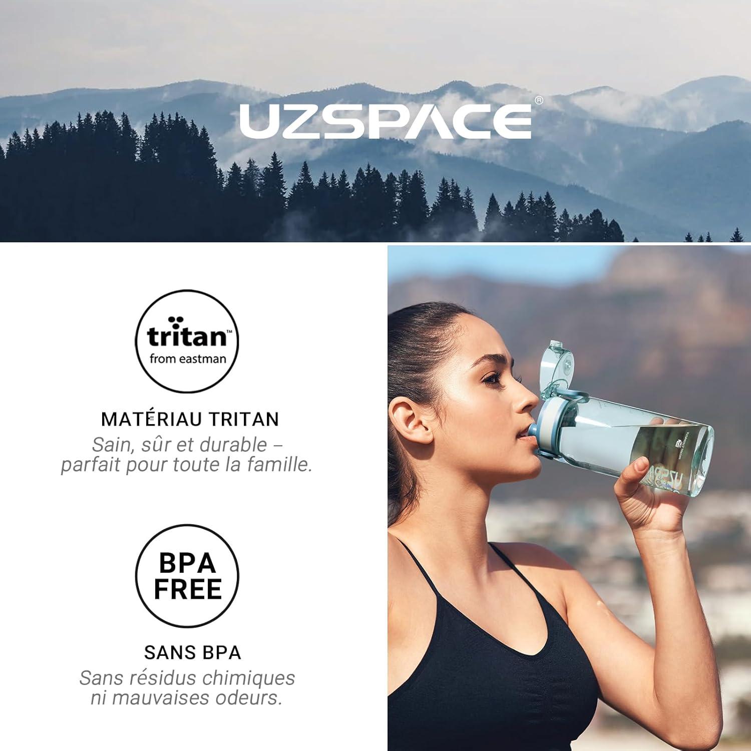 image:imageUZSPACE Gourde Sport 1L Gourde Adulte Transparente sans BPA avec Poigne tanche Bouteille deau Idal pour Fitness et Voyage Bleu ArdoiseBleu Brumeux