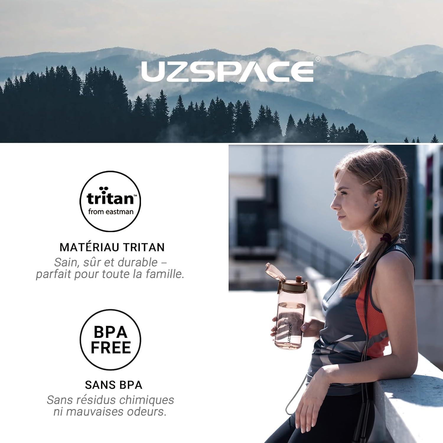 image:imageUZSPACE Gourde Sport 1L Gourde Adulte Transparente sans BPA avec Poigne tanche Bouteille deau Idal pour Fitness et Voyage Bleu ArdoiseChne Brun
