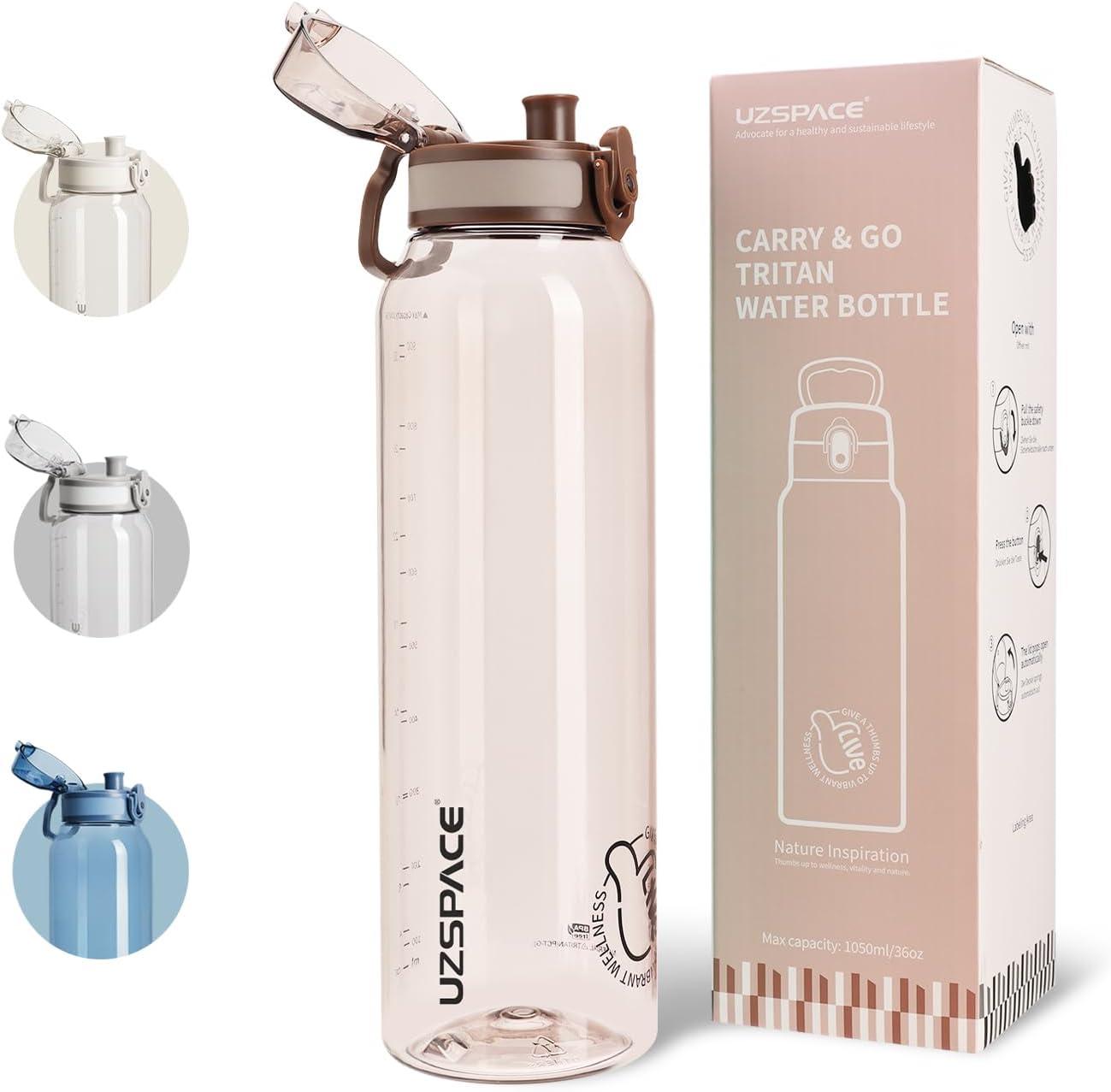 image:imageUZSPACE Gourde Sport 1L Gourde Adulte Transparente sans BPA avec Poigne tanche Bouteille deau Idal pour Fitness et Voyage Bleu ArdoiseChne Brun