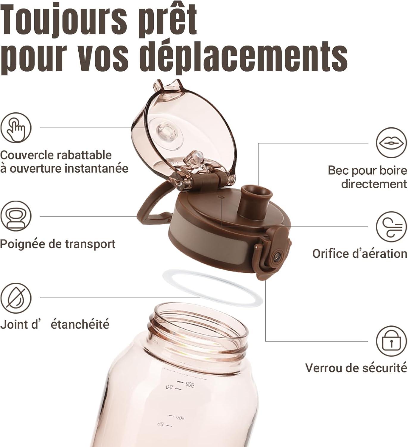 image:imageUZSPACE Gourde Sport 1L Gourde Adulte Transparente sans BPA avec Poigne tanche Bouteille deau Idal pour Fitness et Voyage Bleu ArdoiseChne Brun