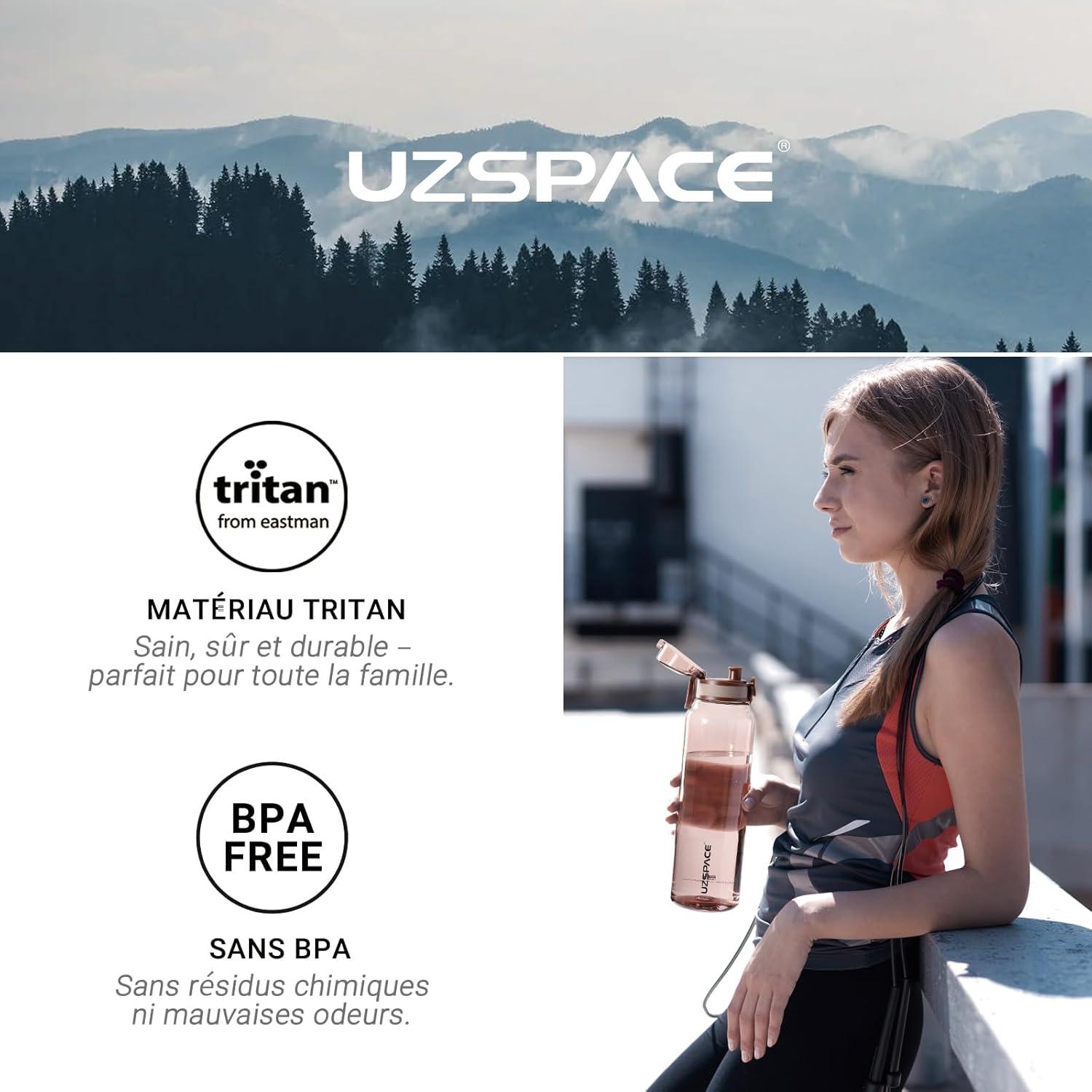 image:imageUZSPACE Gourde Sport 1L Gourde Adulte Transparente sans BPA avec Poigne tanche Bouteille deau Idal pour Fitness et Voyage Bleu ArdoiseChne Brun