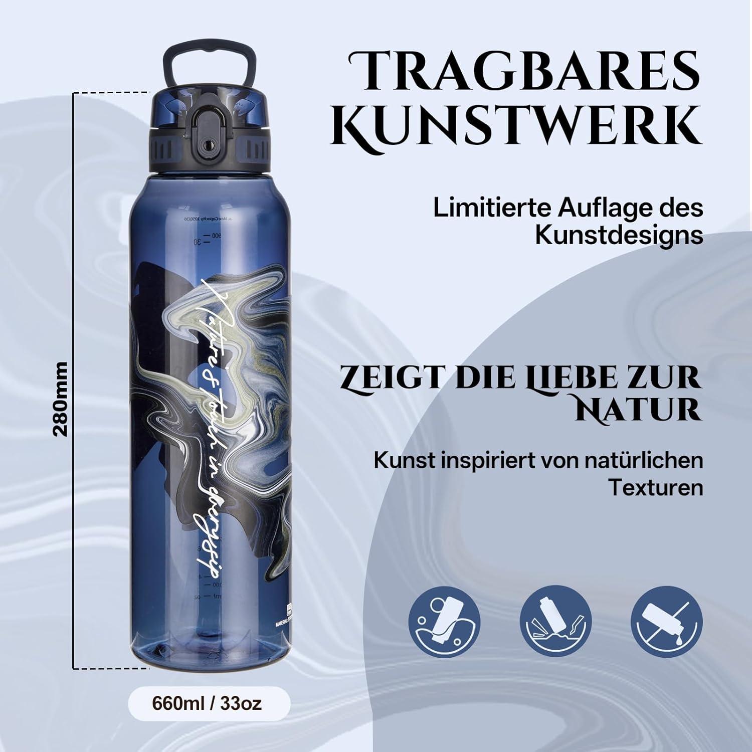 image:imageUZSPACE Gourde Sport 1L Gourde Adulte Transparente sans BPA avec Poigne tanche Bouteille deau Idal pour Fitness et Voyage Bleu ArdoiseImpression Artistique Bleue