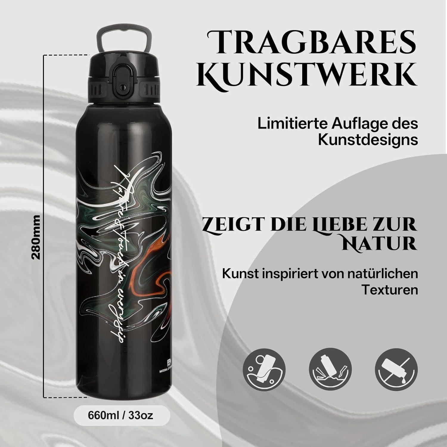 image:imageUZSPACE Gourde Sport 1L Gourde Adulte Transparente sans BPA avec Poigne tanche Bouteille deau Idal pour Fitness et Voyage Bleu ArdoiseImpression Artistique Noire