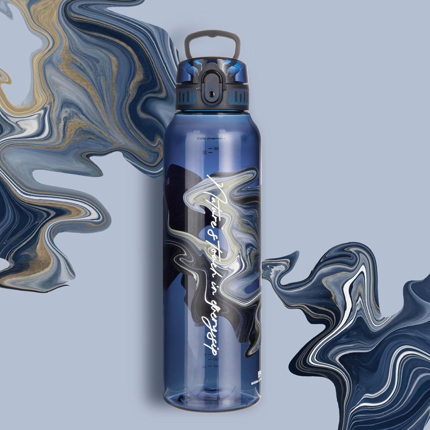 image:imageUZSPACE Gourde Sport 1L Gourde Adulte Transparente sans BPA avec Poigne tanche Bouteille deau Idal pour Fitness et Voyage Bleu ArdoiseImpression Artistique Bleue