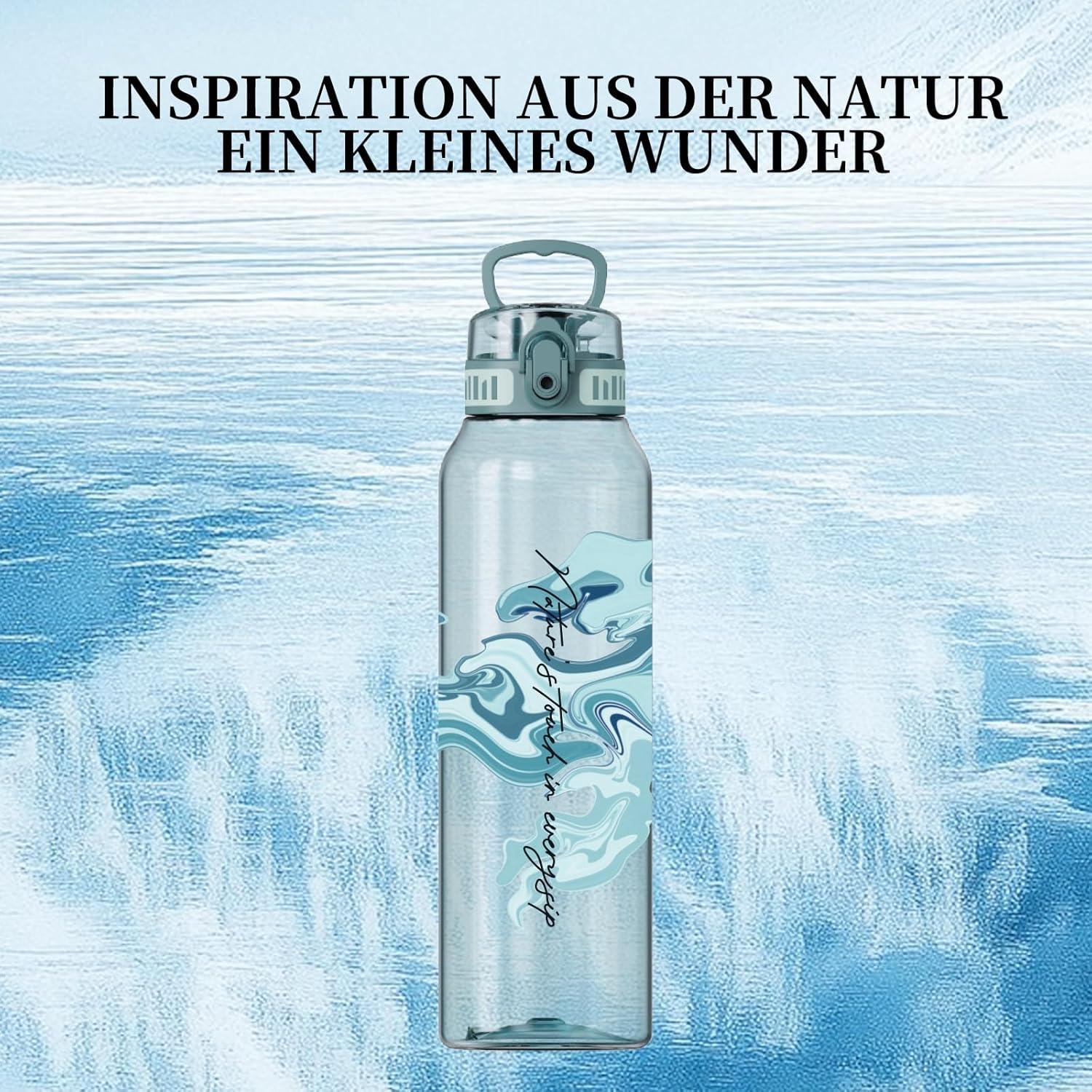 image:imageUZSPACE Gourde Sport 1L Gourde Adulte Transparente sans BPA avec Poigne tanche Bouteille deau Idal pour Fitness et Voyage Bleu ArdoiseImprim Artistique Bleu Brumeux