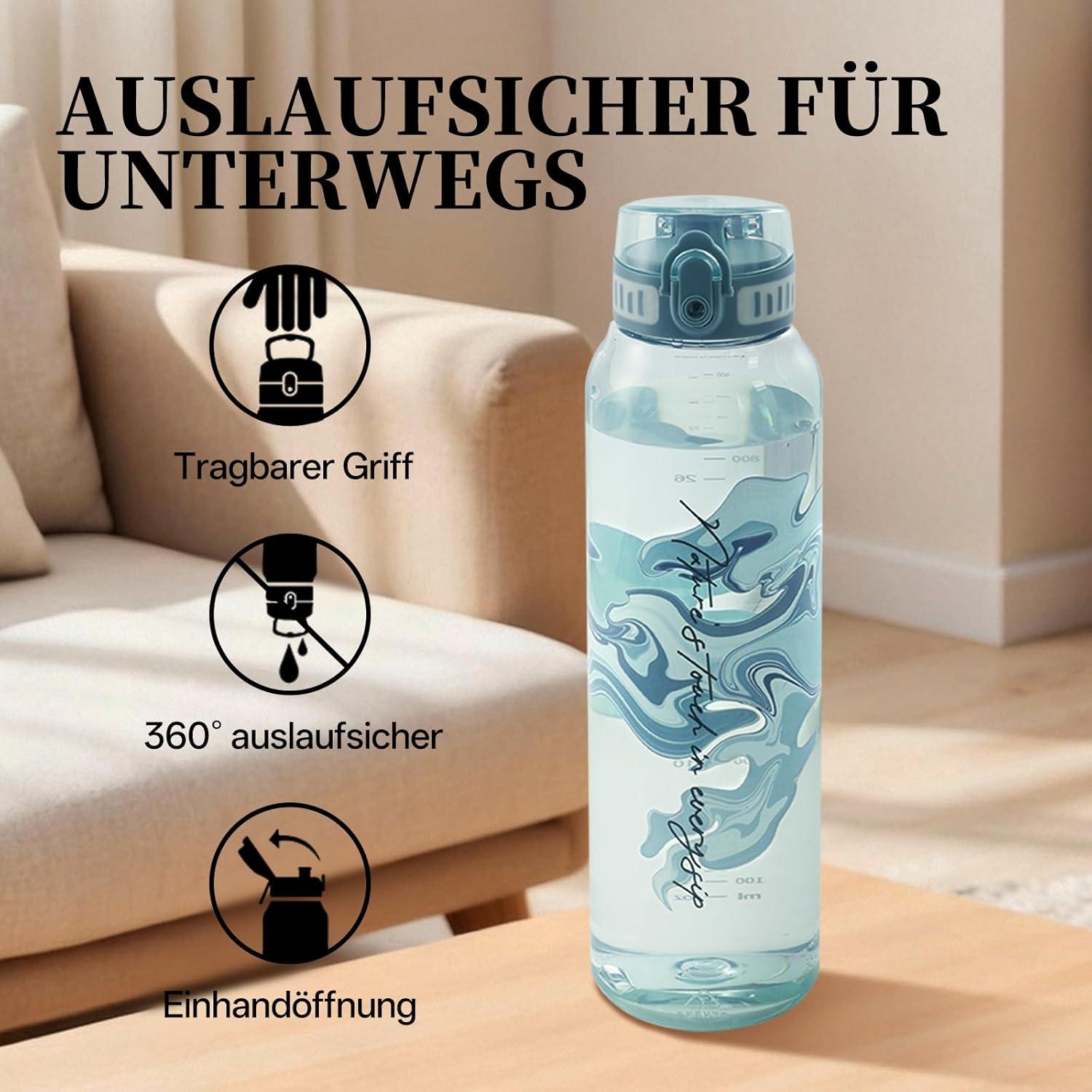 image:imageUZSPACE Gourde Sport 1L Gourde Adulte Transparente sans BPA avec Poigne tanche Bouteille deau Idal pour Fitness et Voyage Bleu ArdoiseImprim Artistique Bleu Brumeux