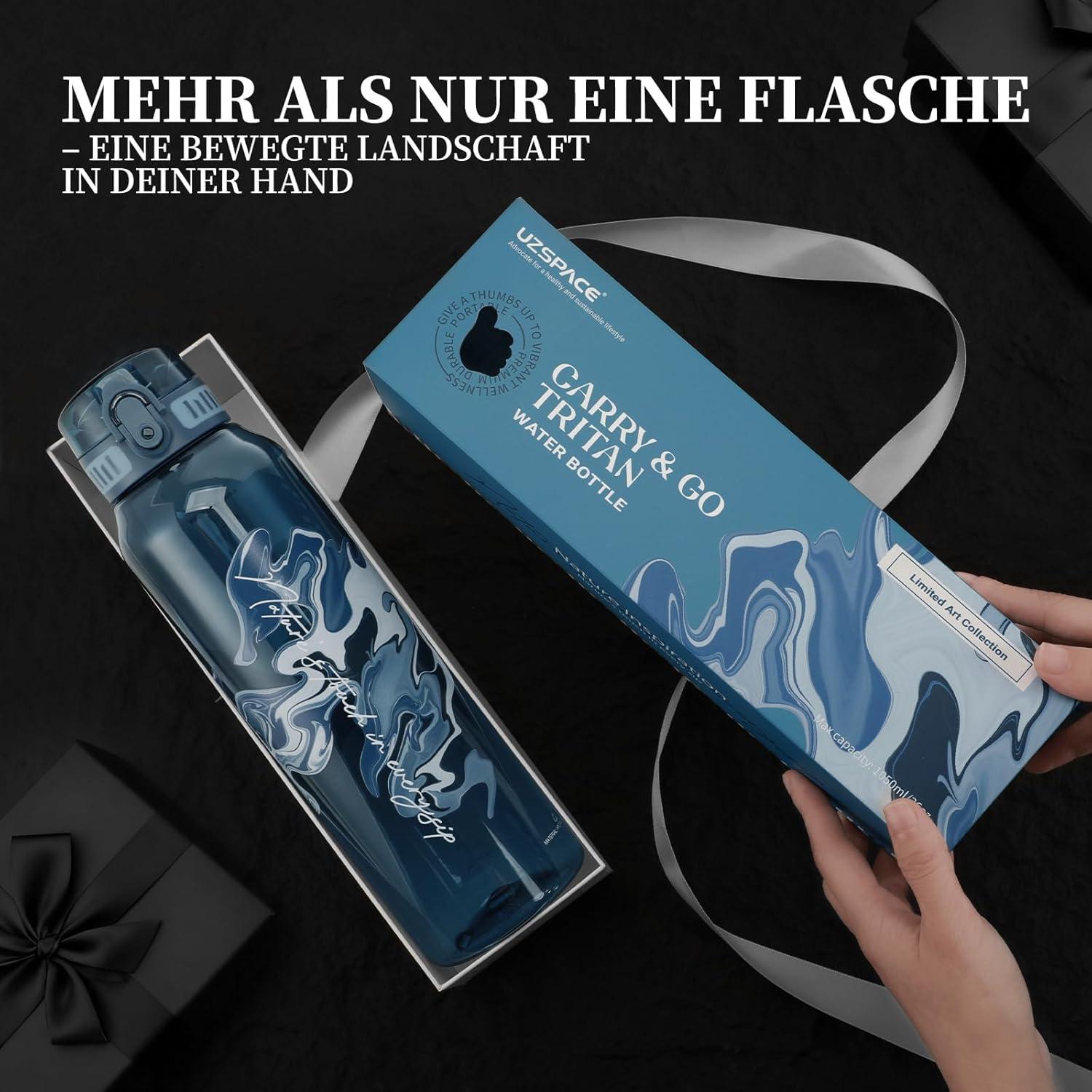 image:imageUZSPACE Gourde Sport 1L Gourde Adulte Transparente sans BPA avec Poigne tanche Bouteille deau Idal pour Fitness et Voyage Bleu ArdoiseImprim Artistique Bleu Ardoise