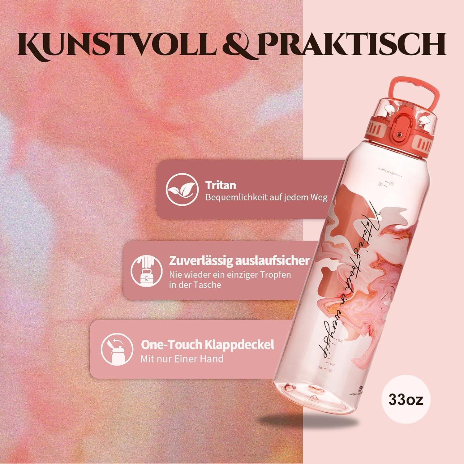 image:imageUZSPACE Gourde Sport 1L Gourde Adulte Transparente sans BPA avec Poigne tanche Bouteille deau Idal pour Fitness et Voyage Bleu ArdoiseImprim Artistique Blush