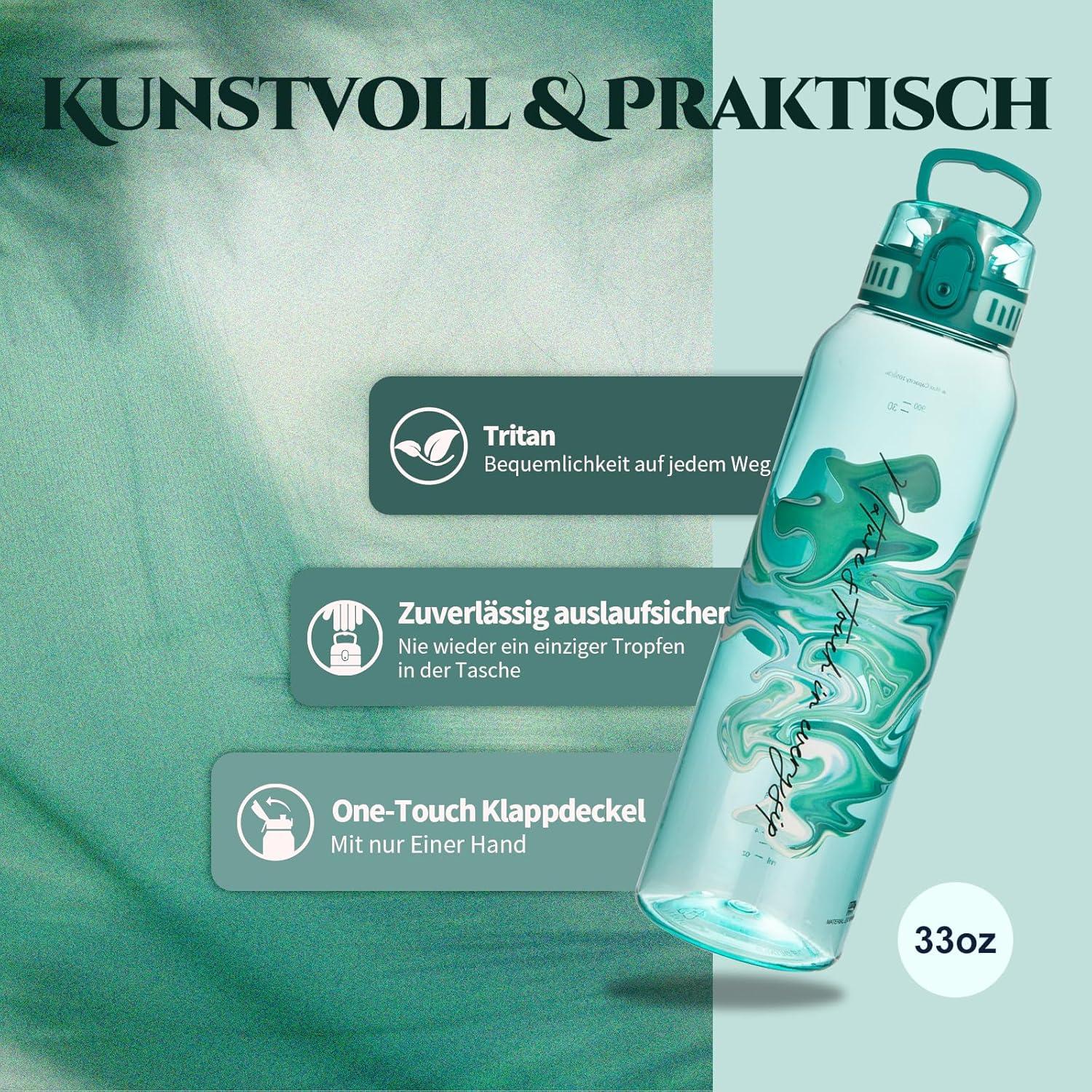 image:imageUZSPACE Gourde Sport 1L Gourde Adulte Transparente sans BPA avec Poigne tanche Bouteille deau Idal pour Fitness et Voyage Bleu ArdoiseImprim Artistique Turquoise