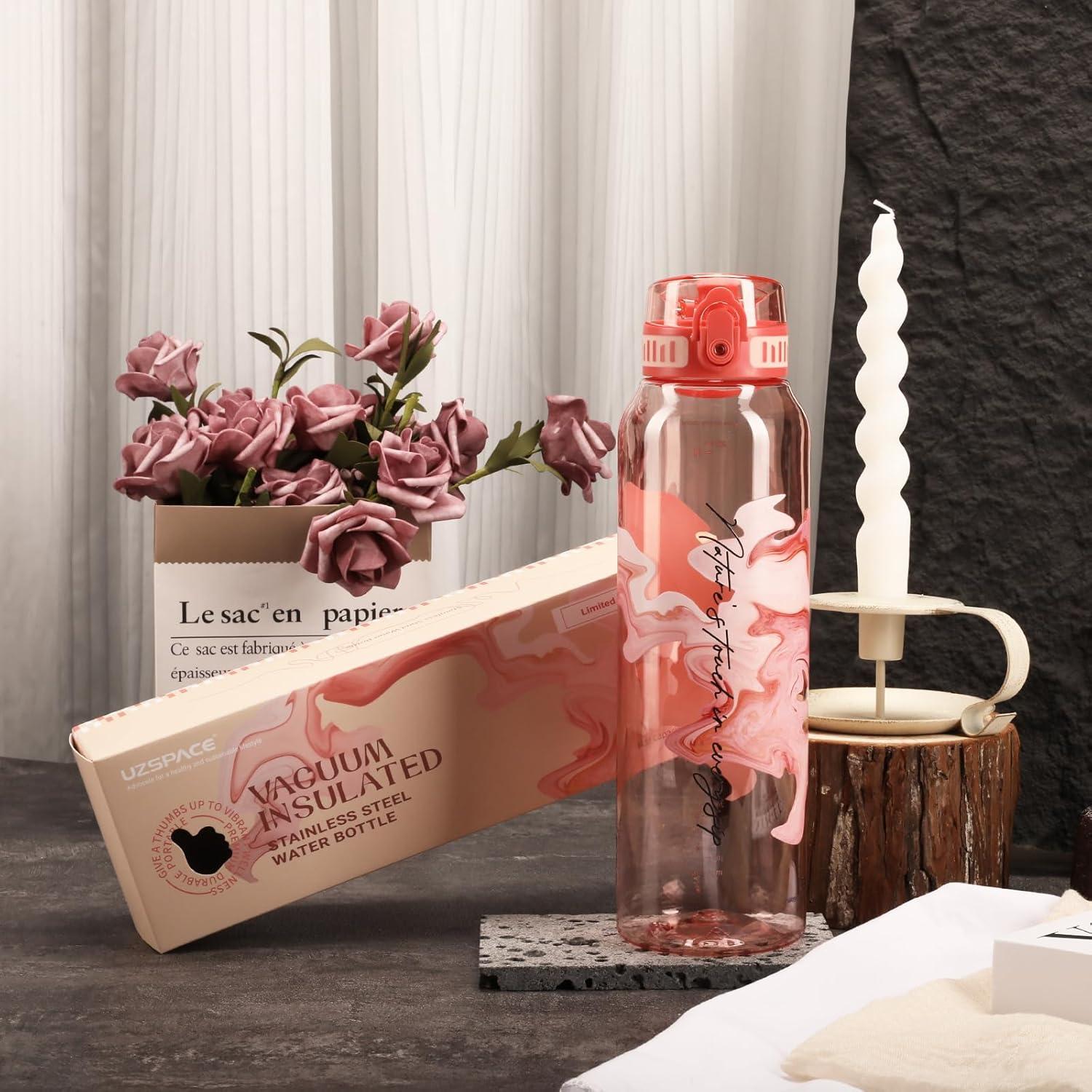 image:imageUZSPACE Gourde Sport 1L Gourde Adulte Transparente sans BPA avec Poigne tanche Bouteille deau Idal pour Fitness et Voyage Bleu ArdoiseImprim Artistique Blush