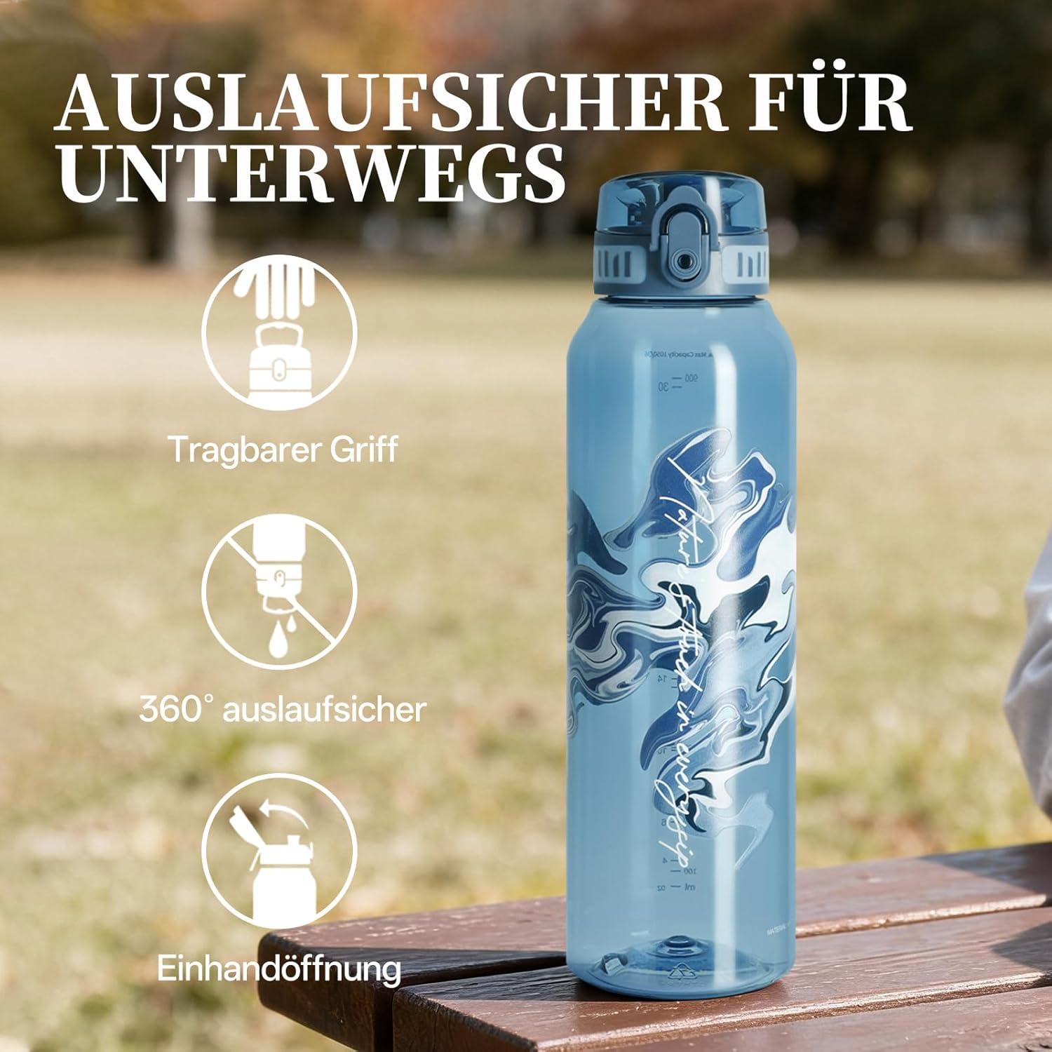 image:imageUZSPACE Gourde Sport 1L Gourde Adulte Transparente sans BPA avec Poigne tanche Bouteille deau Idal pour Fitness et Voyage Bleu ArdoiseImprim Artistique Bleu Ardoise