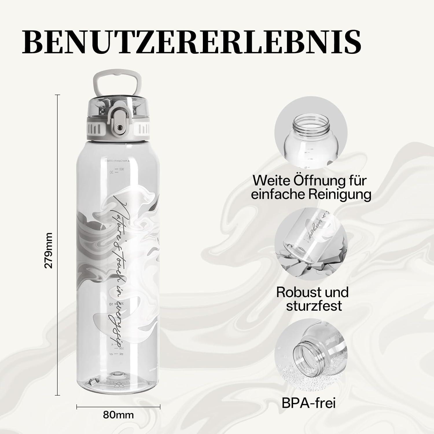 image:imageUZSPACE Gourde Sport 1L Gourde Adulte Transparente sans BPA avec Poigne tanche Bouteille deau Idal pour Fitness et Voyage Bleu ArdoiseImprim Artistique Gris Silex