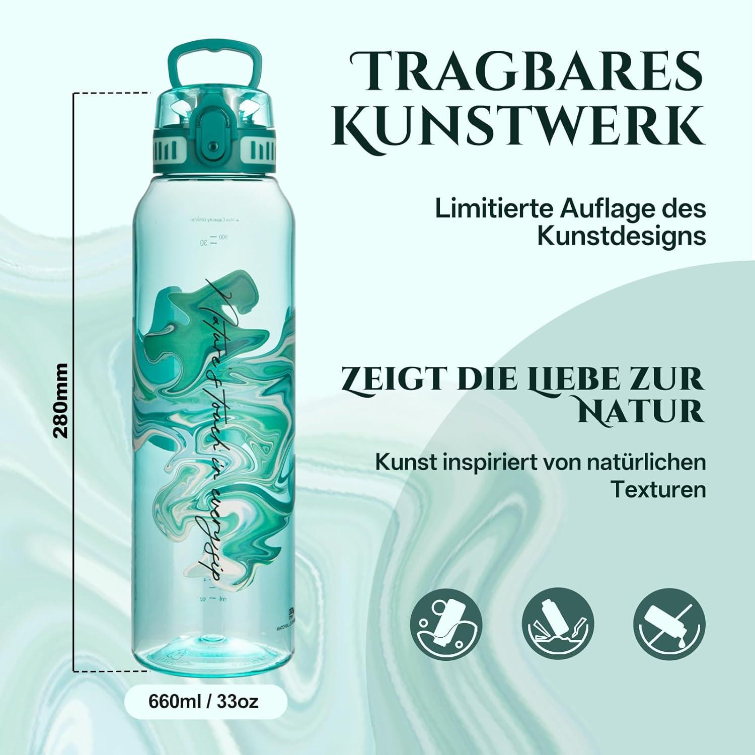 image:imageUZSPACE Gourde Sport 1L Gourde Adulte Transparente sans BPA avec Poigne tanche Bouteille deau Idal pour Fitness et Voyage Bleu ArdoiseImprim Artistique Turquoise