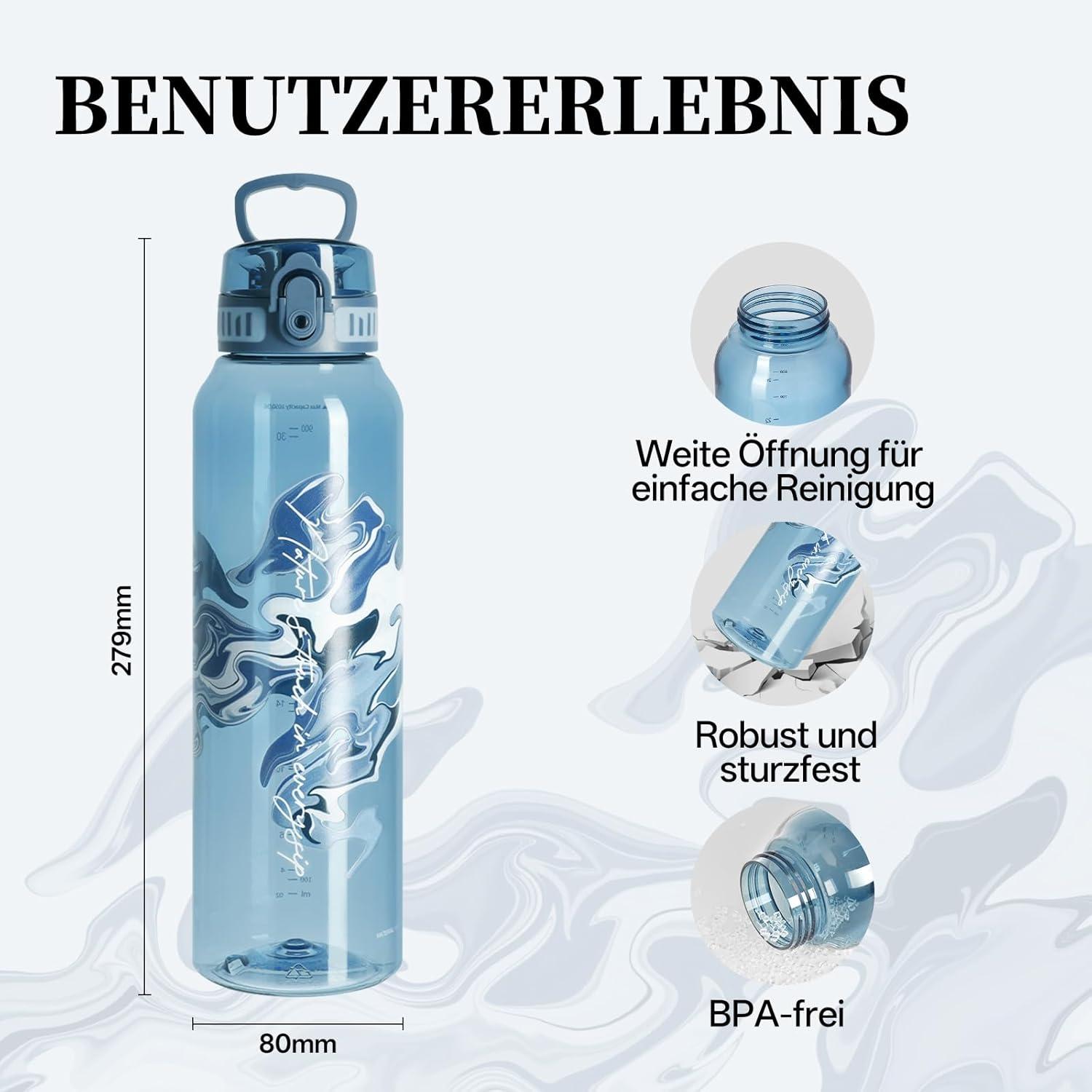 image:imageUZSPACE Gourde Sport 1L Gourde Adulte Transparente sans BPA avec Poigne tanche Bouteille deau Idal pour Fitness et Voyage Bleu ArdoiseImprim Artistique Bleu Ardoise