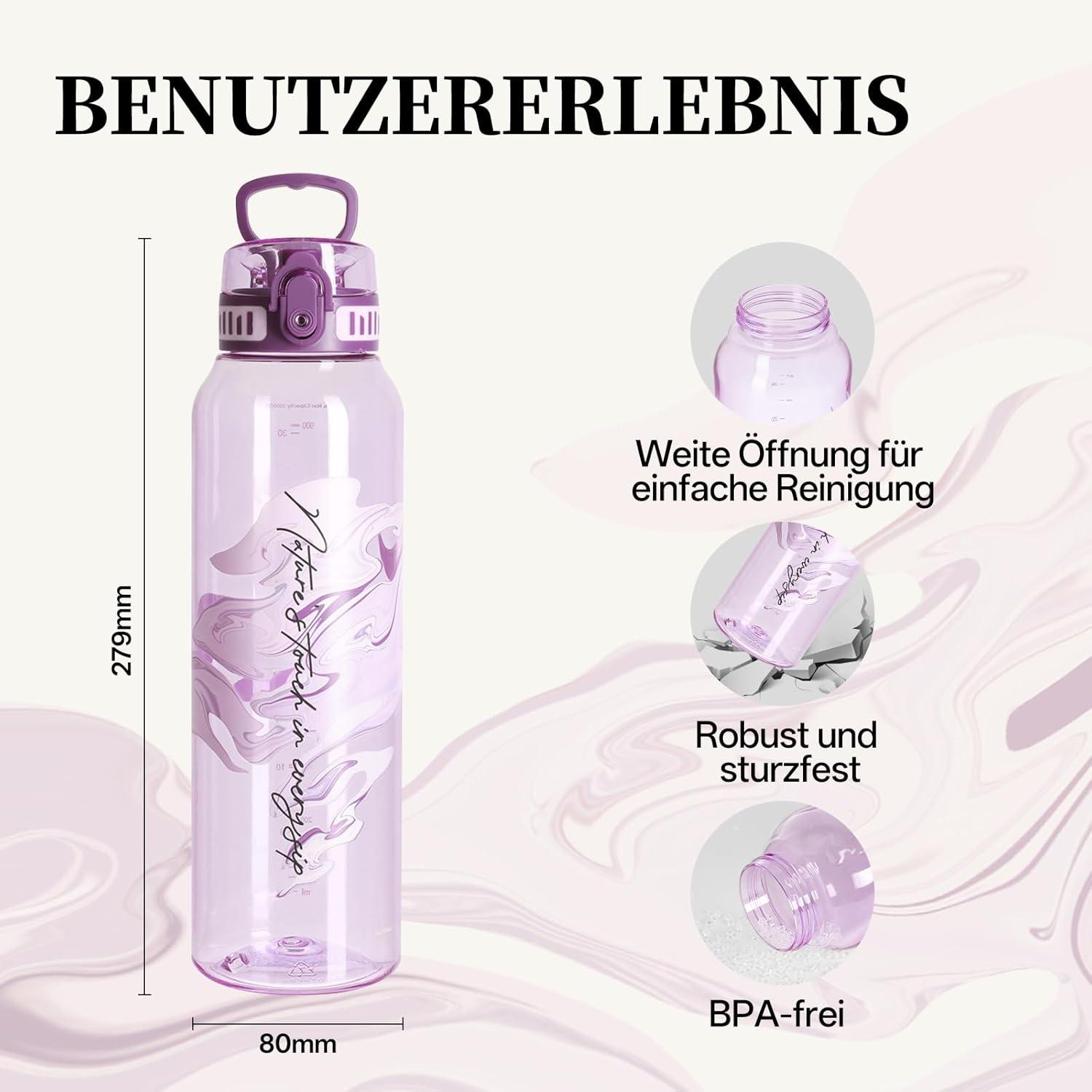 image:imageUZSPACE Gourde Sport 1L Gourde Adulte Transparente sans BPA avec Poigne tanche Bouteille deau Idal pour Fitness et Voyage Bleu ArdoiseImprim Artistique Violet