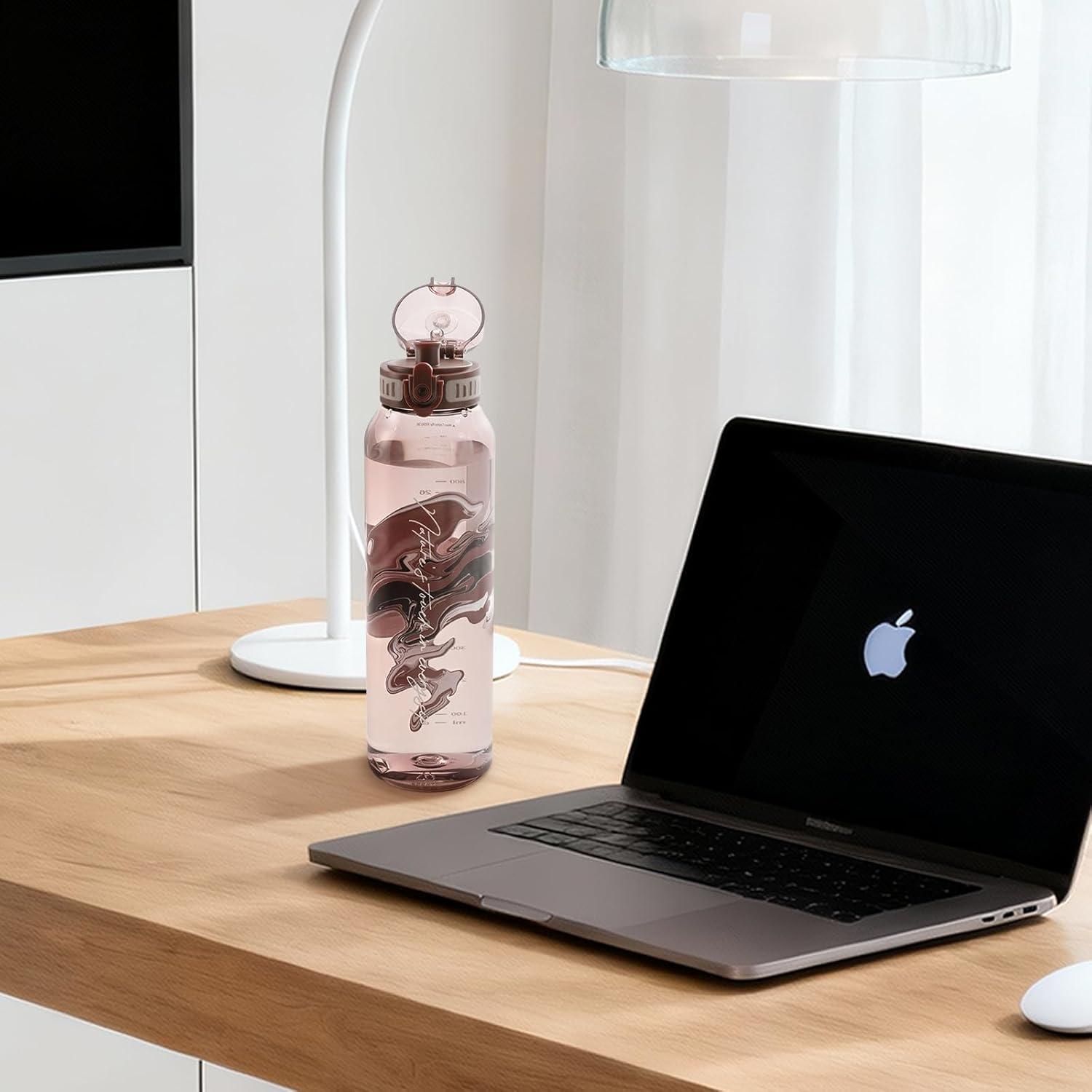 image:imageUZSPACE Gourde Sport 1L Gourde Adulte Transparente sans BPA avec Poigne tanche Bouteille deau Idal pour Fitness et Voyage Bleu ArdoiseImprim Artistique Chne Brun