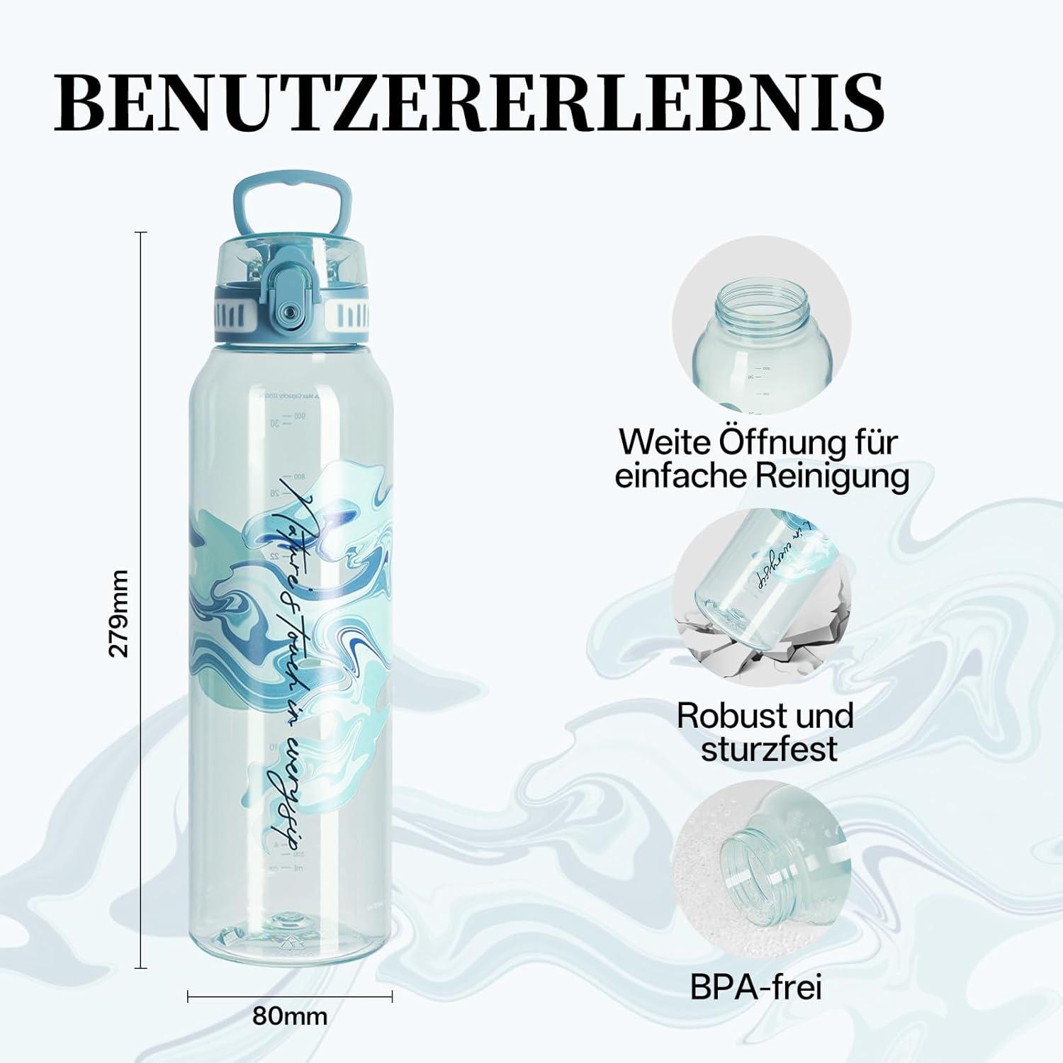 image:imageUZSPACE Gourde Sport 1L Gourde Adulte Transparente sans BPA avec Poigne tanche Bouteille deau Idal pour Fitness et Voyage Bleu ArdoiseImprim Artistique Bleu Brumeux