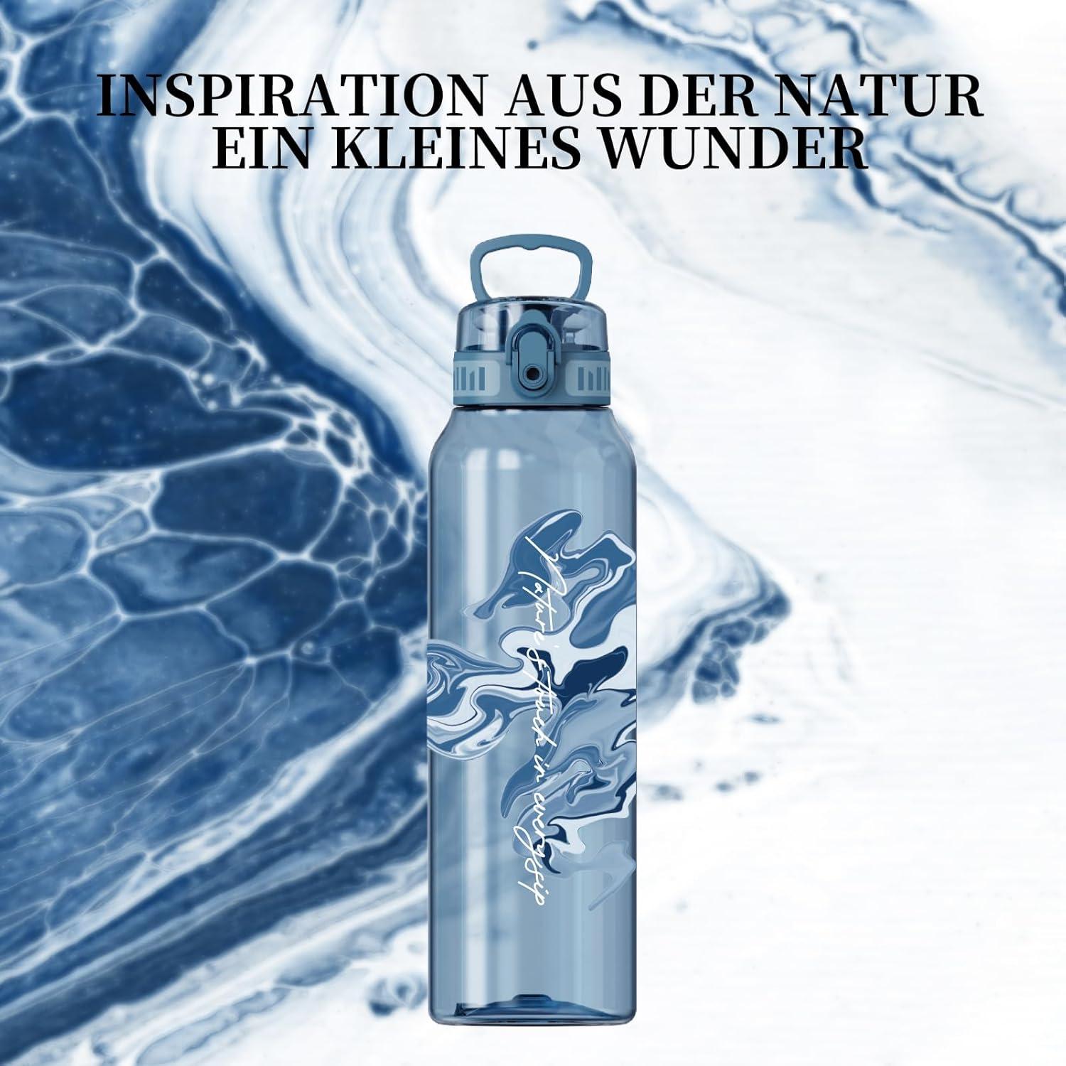 image:imageUZSPACE Gourde Sport 1L Gourde Adulte Transparente sans BPA avec Poigne tanche Bouteille deau Idal pour Fitness et Voyage Bleu ArdoiseImprim Artistique Bleu Ardoise