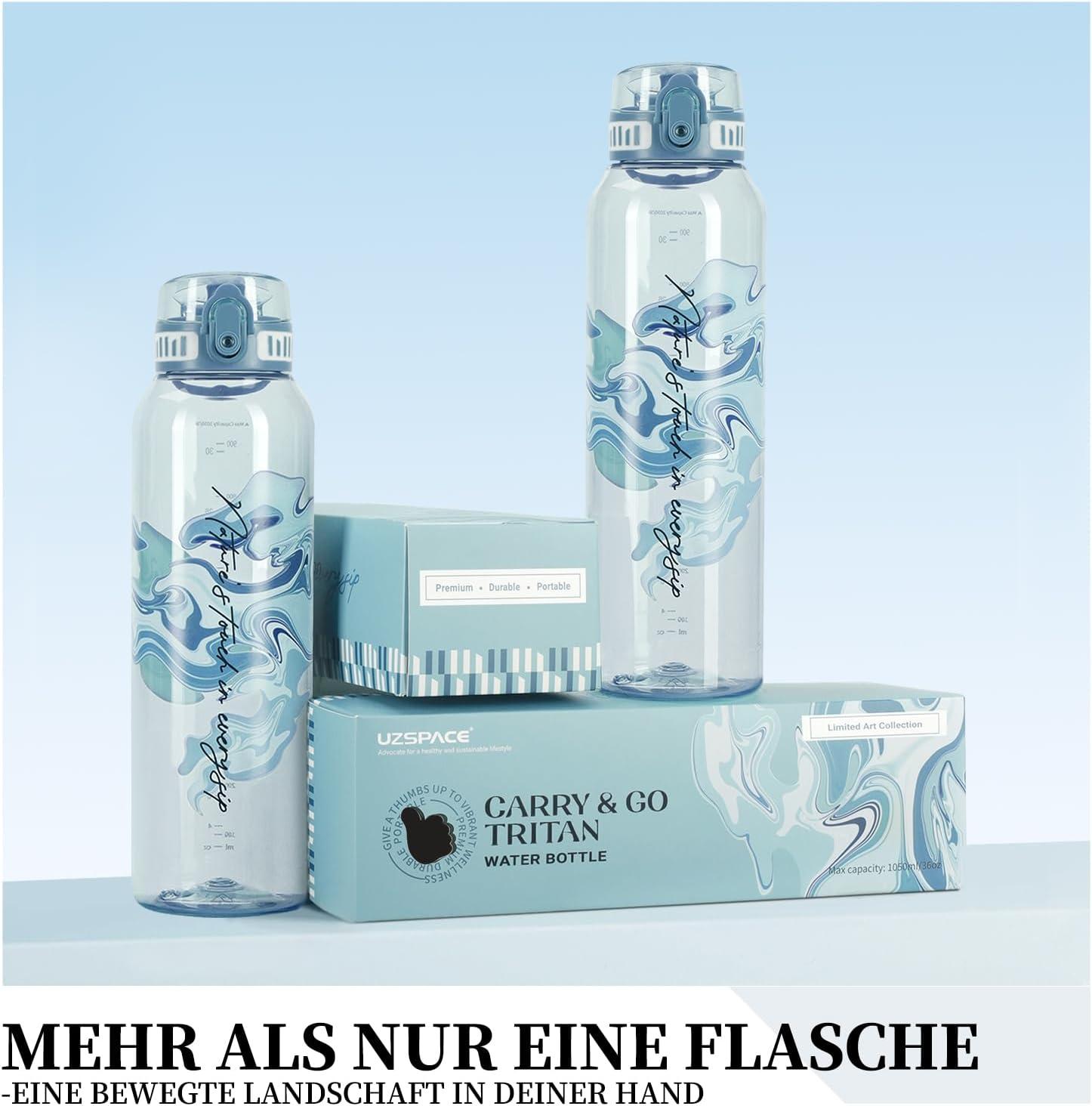 image:imageUZSPACE Gourde Sport 1L Gourde Adulte Transparente sans BPA avec Poigne tanche Bouteille deau Idal pour Fitness et Voyage Bleu ArdoiseImprim Artistique Bleu Brumeux