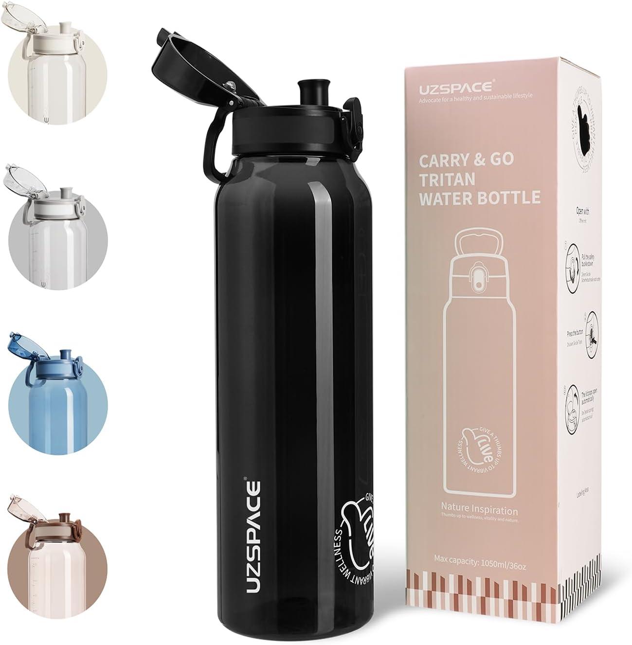 image:imageUZSPACE Gourde Sport 1L Gourde Adulte Transparente sans BPA avec Poigne tanche Bouteille deau Idal pour Fitness et Voyage Bleu ArdoiseNoir