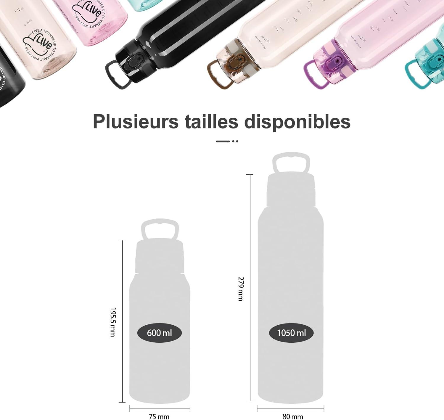 image:imageUZSPACE Gourde Sport 1L Gourde Adulte Transparente sans BPA avec Poigne tanche Bouteille deau Idal pour Fitness et Voyage Bleu ArdoiseNoir