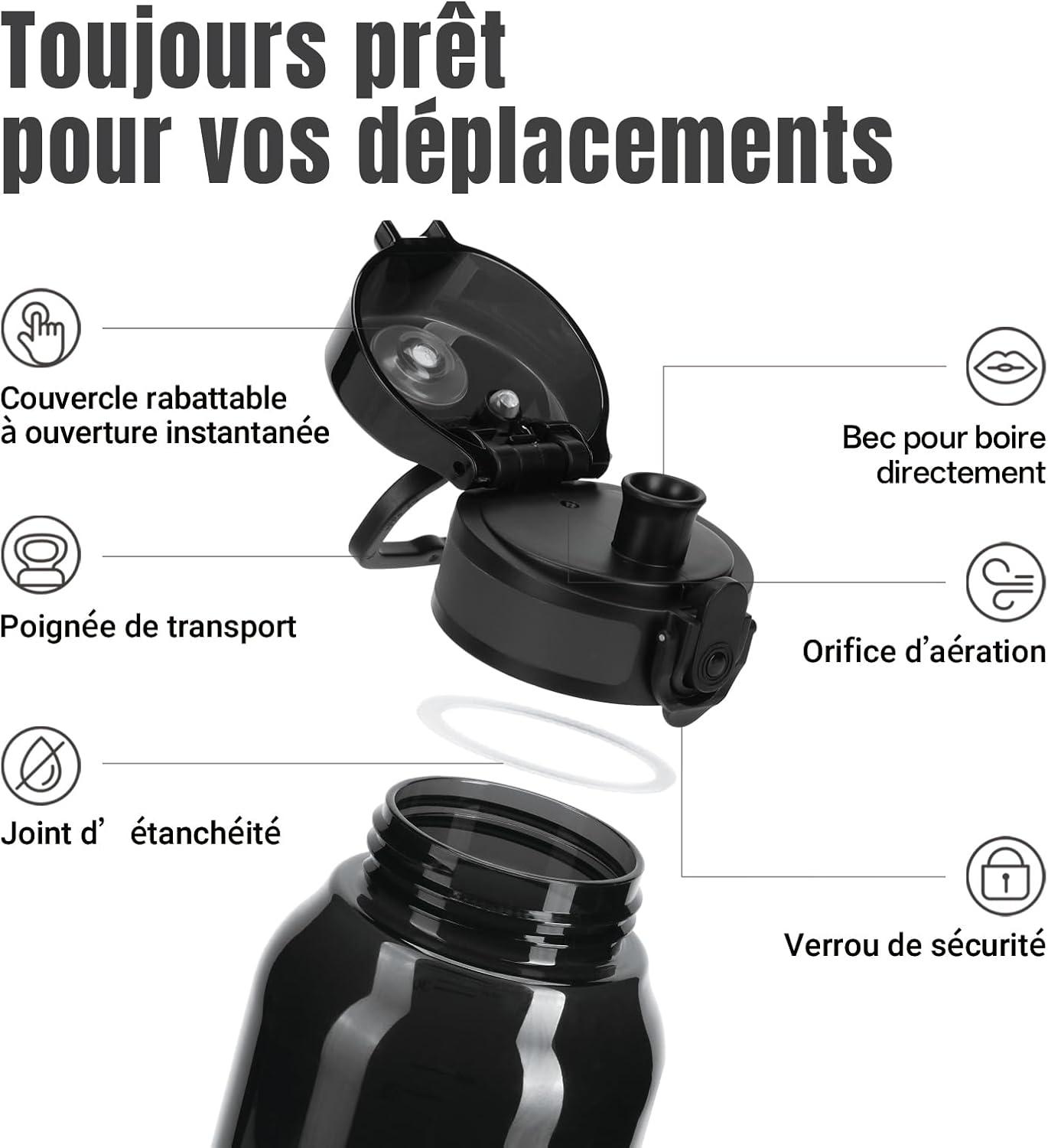 image:imageUZSPACE Gourde Sport 1L Gourde Adulte Transparente sans BPA avec Poigne tanche Bouteille deau Idal pour Fitness et Voyage Bleu ArdoiseNoir