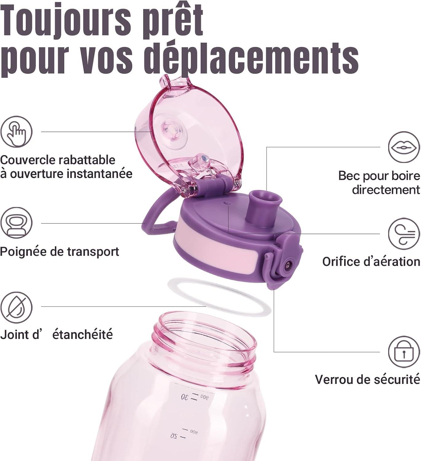image:imageUZSPACE Gourde Sport 1L Gourde Adulte Transparente sans BPA avec Poigne tanche Bouteille deau Idal pour Fitness et Voyage Bleu ArdoiseViolet
