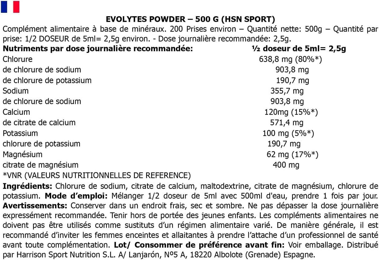 image:imagelectrolytes en poudre Evolytes de HSN Sels Minraux pour le Sport Sans Sucre Hydratation et Rcupration NonOGM Vgtalien Sans Gluten Sans Lactose Sans Arme 500 gr500 gr