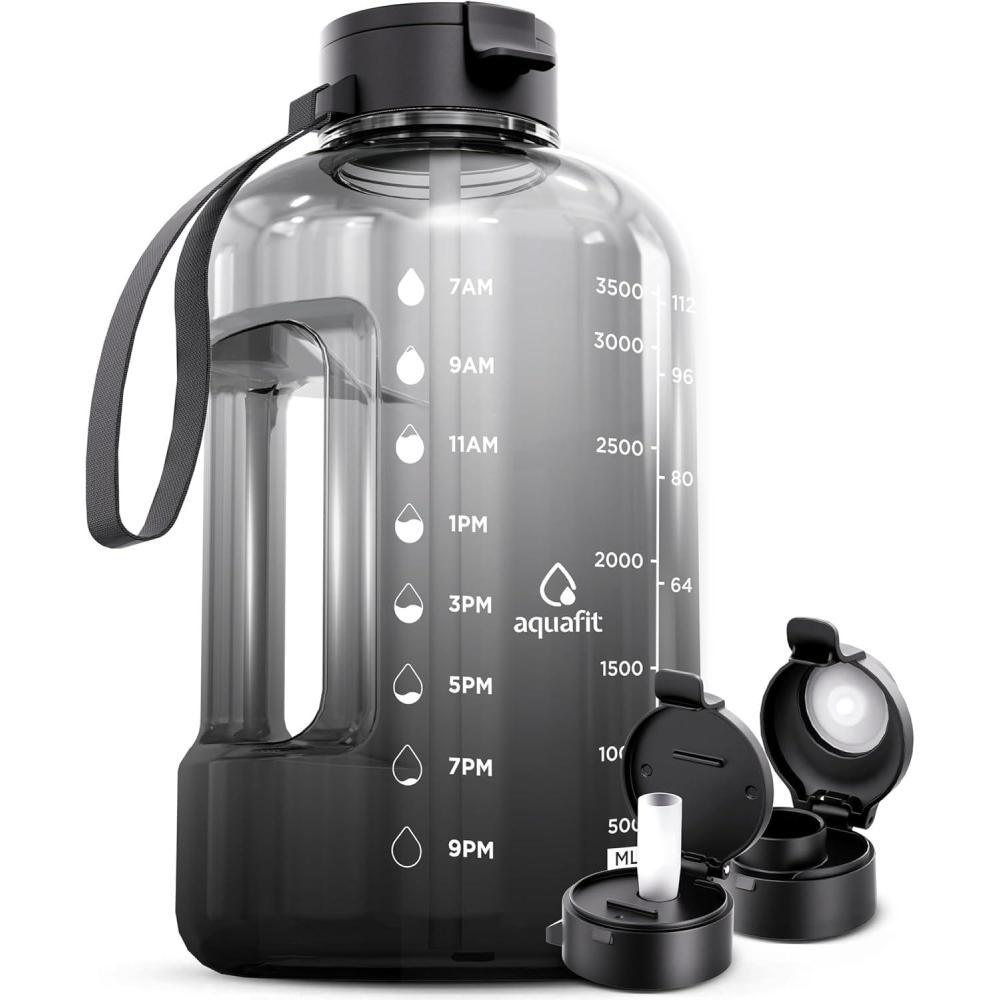 image:imageAQUAFIT Bouteille deau 38 l avec marqueur de temps et paille BCP sans BPA pour salle de sport Pichet gris minuitBlack Fade