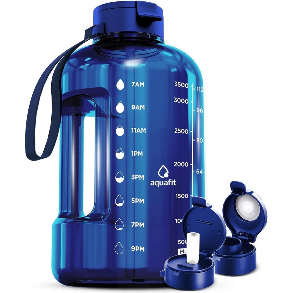 image:imageAQUAFIT Bouteille deau 38 l avec marqueur de temps et paille BCP sans BPA pour salle de sport Pichet gris minuitDark Blue