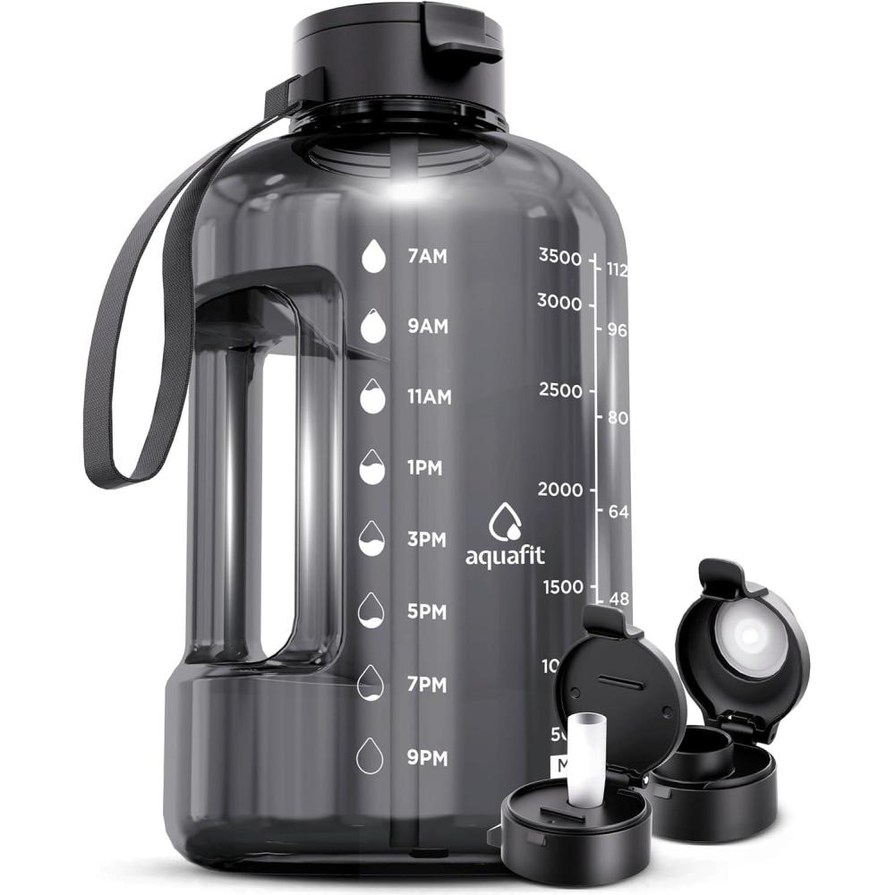image:imageAQUAFIT Bouteille deau 38 l avec marqueur de temps et paille BCP sans BPA pour salle de sport Pichet gris minuitGray