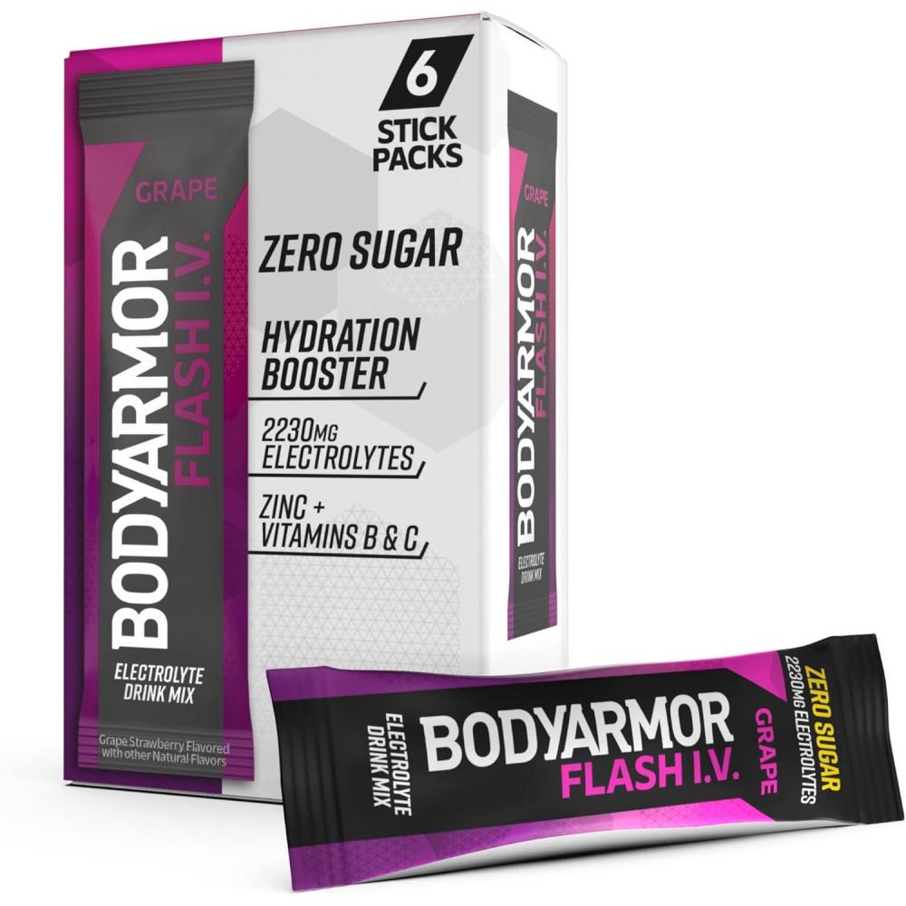 image:imageBODYARMOR Flash IV Lot de 6 paquets dlectrolytes sans sucre mlange boisson sans sucre poudre deau de noix de coco hydratation pour lentranement essentiels de voyage il suffit dajouterRaisin