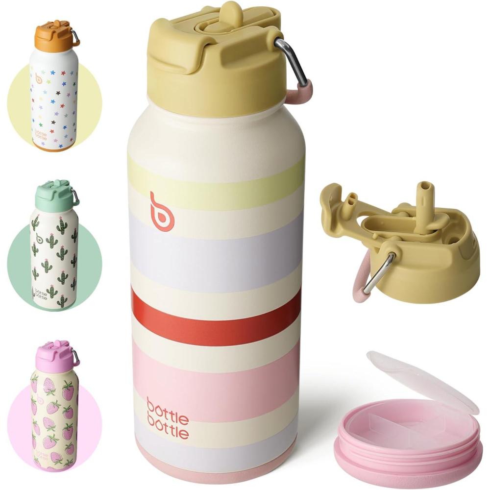 image:imageBOTTLE BOTTLE Bouteille deau isotherme en acier inoxydable de 946 ml avec paille et couvercle double usage pour salle de sport avec pilulier ciel tAurorabands