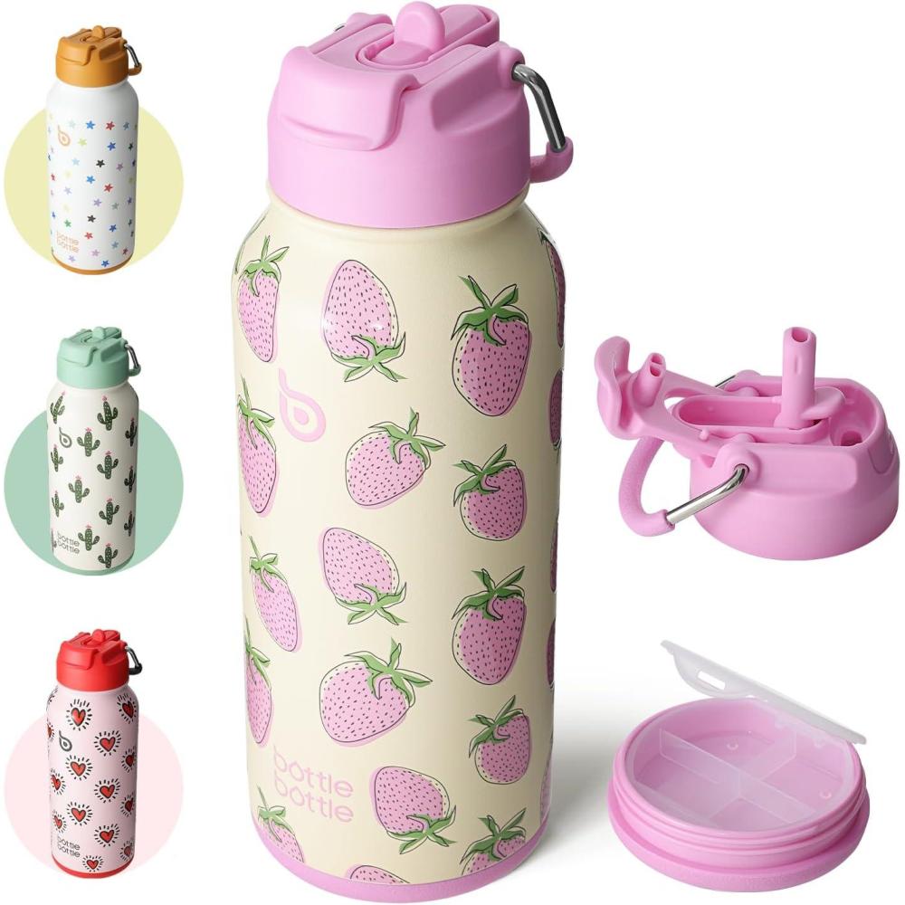 image:imageBOTTLE BOTTLE Bouteille deau isotherme en acier inoxydable de 946 ml avec paille et couvercle double usage pour salle de sport avec pilulier ciel tBaies Sucres