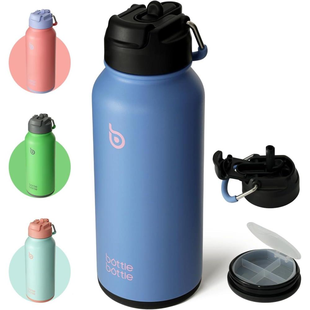 image:imageBOTTLE BOTTLE Bouteille deau isotherme en acier inoxydable de 946 ml avec paille et couvercle  double usage pour salle de sport avec pilulier ciel tCiel t