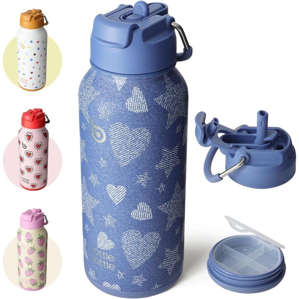 image:imageBOTTLE BOTTLE Bouteille deau isotherme en acier inoxydable de 946 ml avec paille et couvercle double usage pour salle de sport avec pilulier ciel tDenim