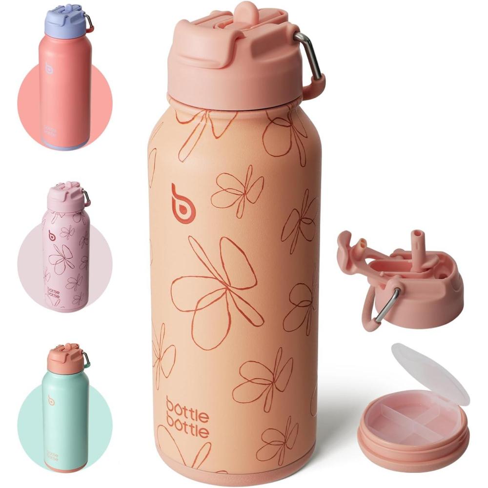 image:imageBOTTLE BOTTLE Bouteille deau isotherme en acier inoxydable de 946 ml avec paille et couvercle double usage pour salle de sport avec pilulier ciel tFleur Jaune